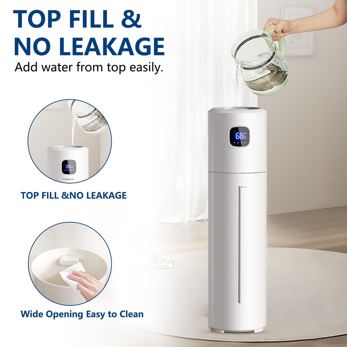 Akeshan Large Humidifiers for Bedroom, 9L/2.5Gal Ultrasonic Cool Mist, Top Fill Easy Clean with 350ML/H Mist Speed, Quiet, Suitable for Kids Room Plant Yoga Office Study Room Living (White, Round)