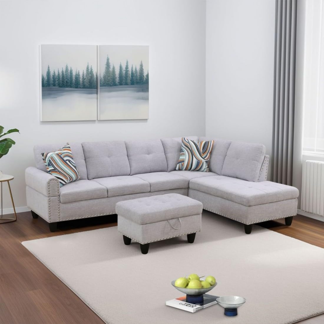 UOCFYK L-Shaped 3-Piece Flannel Sofa with Ottoman, Sectional Couch Set for Living Room, Office, Apartment, with Cup Holder, Grey White