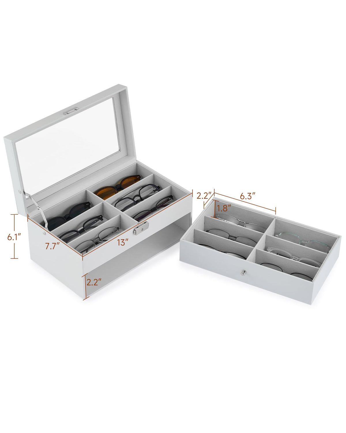 CO-Z Sunglasses Organizer with 12 Slots, Leather Eyeglasses Storage Box for Women Men, 2 Story Lockable Display Case for Multiple Glasses, Sunglasses Jewelry Collection Holder with Drawer, White