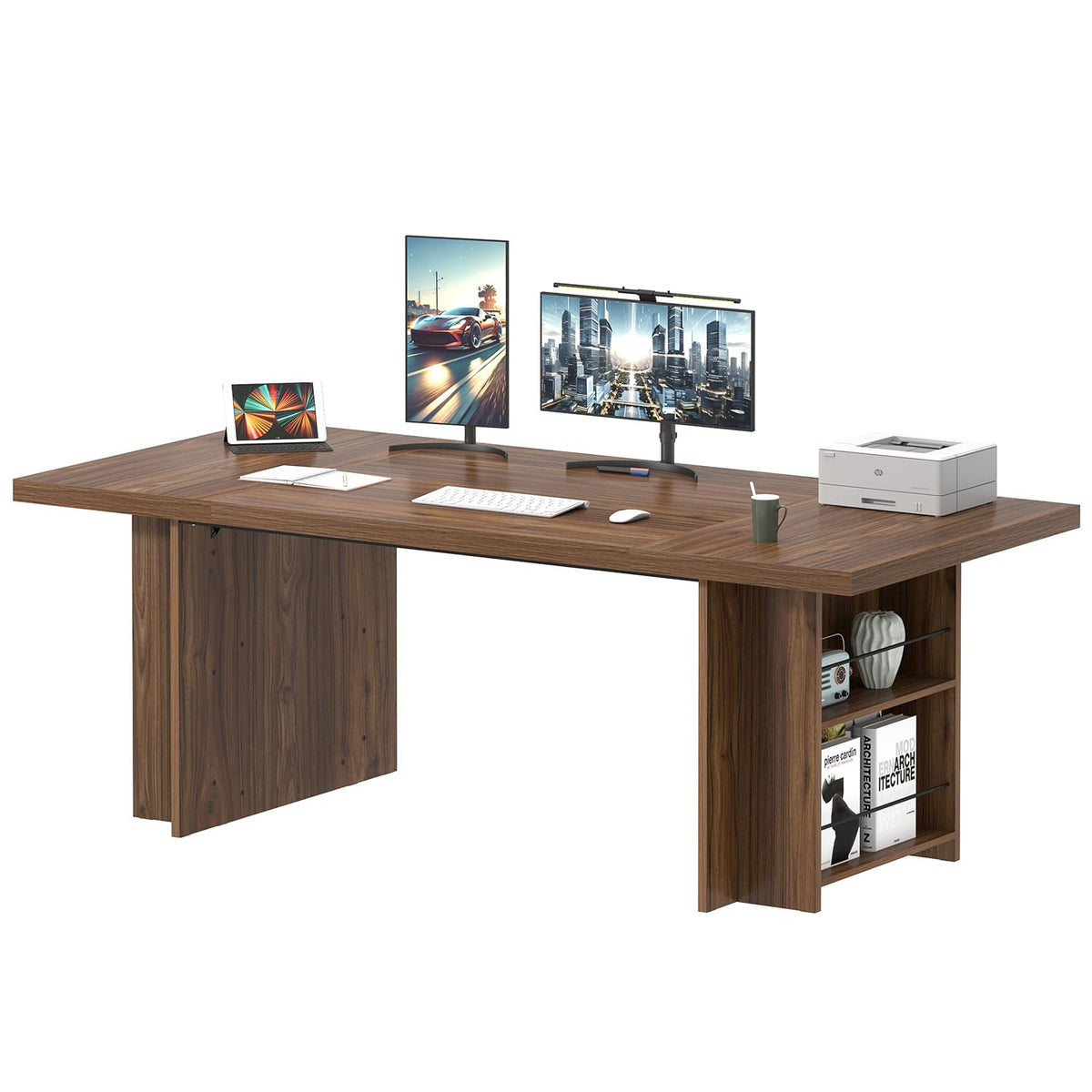 FOLUBAN 70 Inch Executive Desk, Large Computer Desk for Home Office, Long Study Writing Gaming Table for 2 Person, Modern Wood Conference Table Workstation, Rustic Walnut