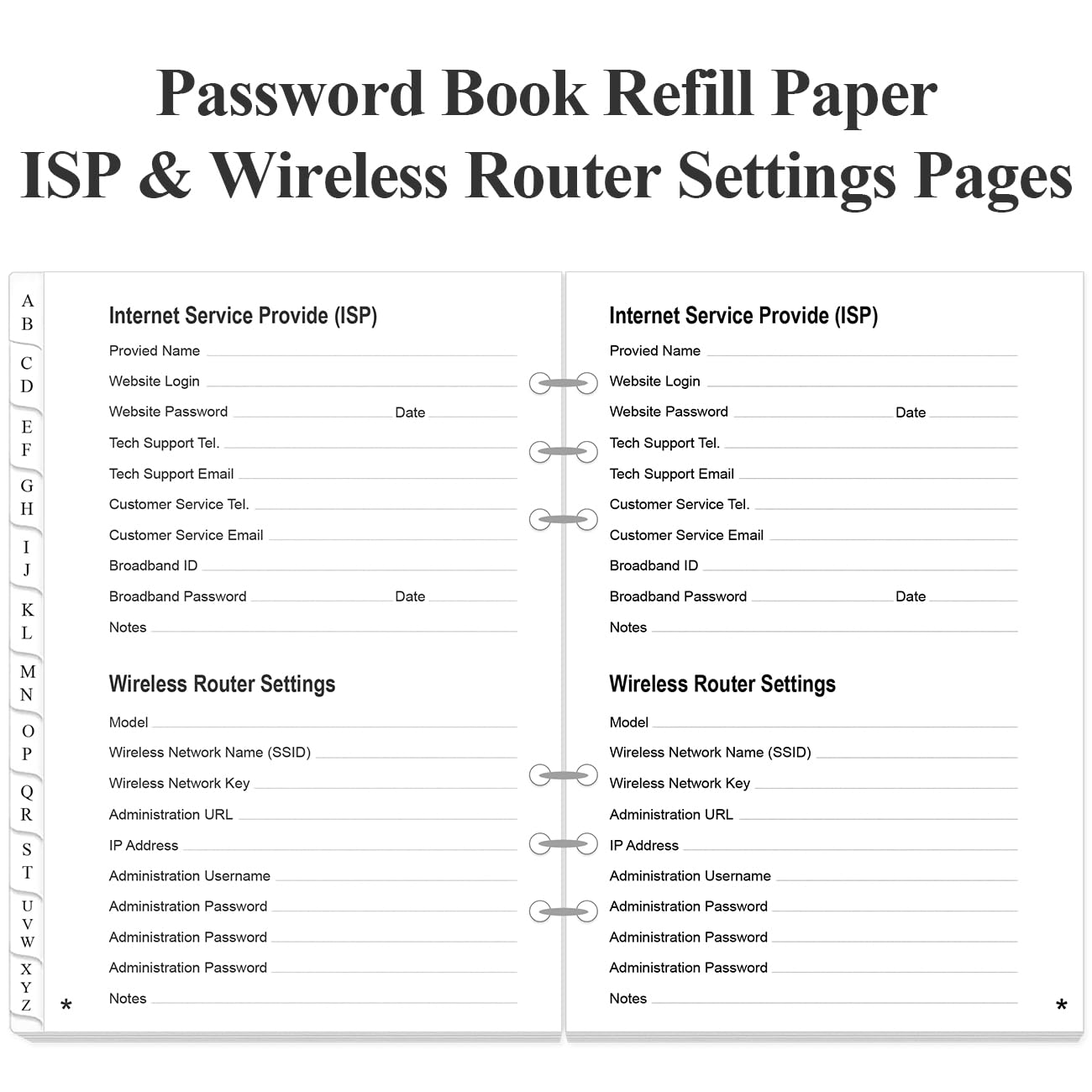 Password Book Refills for A5 Binder - A-Z Password Notebook Refill Paper with Alphabetical Tabs, 120gsm White Paper, 6-Hole Punehed, 5.8" x 8.3"