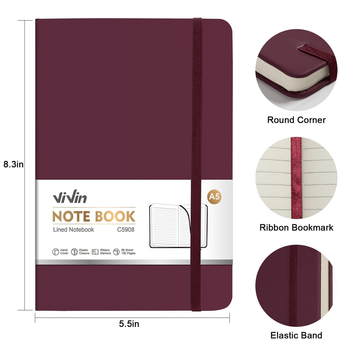 ViVin Lined Journal Notebooks, 3 Pack, (Black, Burgundy, Dark Green), 192 Pages, Medium 5.5 x 8.3 inch, College Ruled, A5 Hardcover Notebooks, Journaling Notebooks for Work, Writing, School