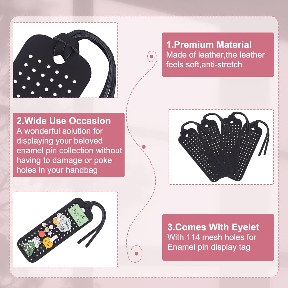 GOMAKERER 8 Sets Portable Leather Brooch Pin Display Holder, 4.72 x 1.57 Inch Rectangular Black Brooch Pin Storage Holder Enamel Pins Display Organizer With Rope for Jewelry Brooch Pins