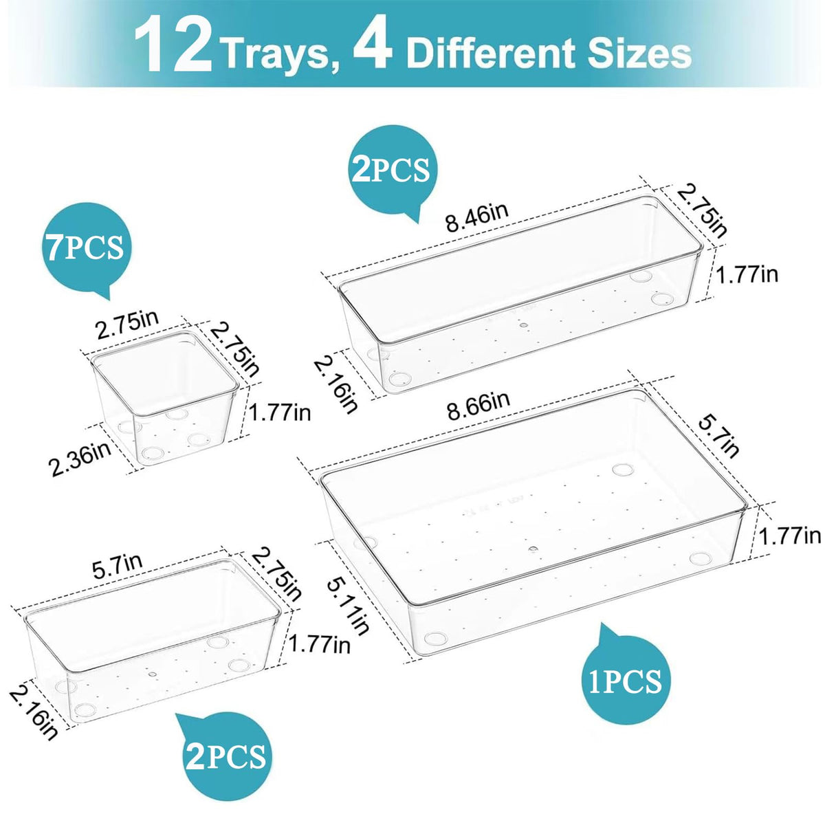 Manalete Drawer Organizers Set of 12, 4 Sizes Clear Plastic Drawer Organizers and Storage Bins for Kitchen, Bathroom, Office, Dresser Desk Drawer Organizer Tray for Jewelry, Makeup, Junk, Gadgets