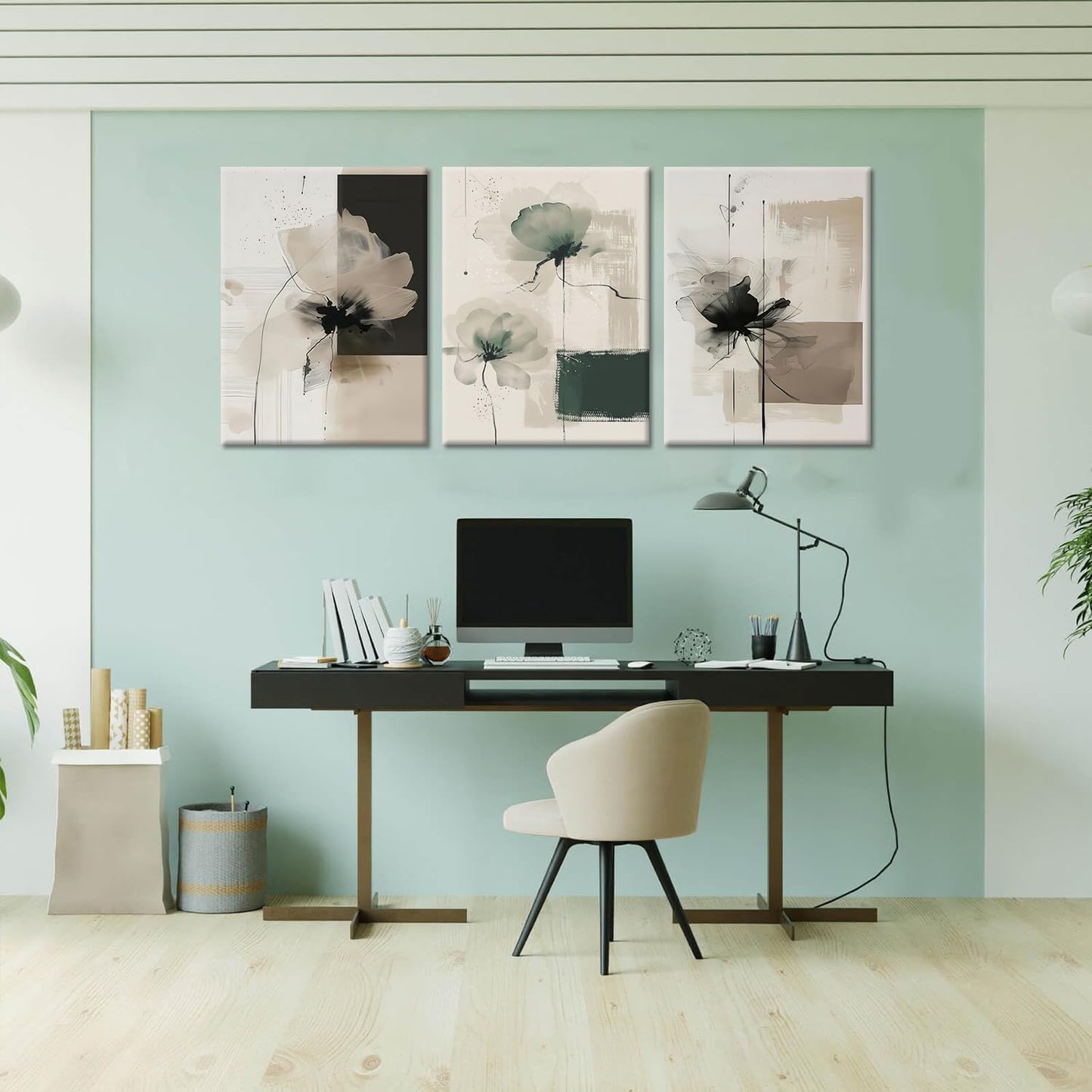 Neutral Abstract Floral Wall Art Set of 3 – Modern Beige & Black Minimalist Canvas Prints, Contemporary Large Flower Posters for Living Room Bedroom Bathroom Office Home Decor, Framed 24x16 Inch