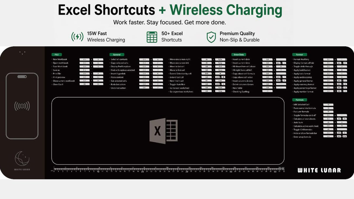 Excel Shortcut Mouse Pad with Wireless Charging (15W), Large Desk Mat for Office Productivity, Fast Qi Charger for iPhone & Samsung, Non-Slip Desk Setup for Work & Study