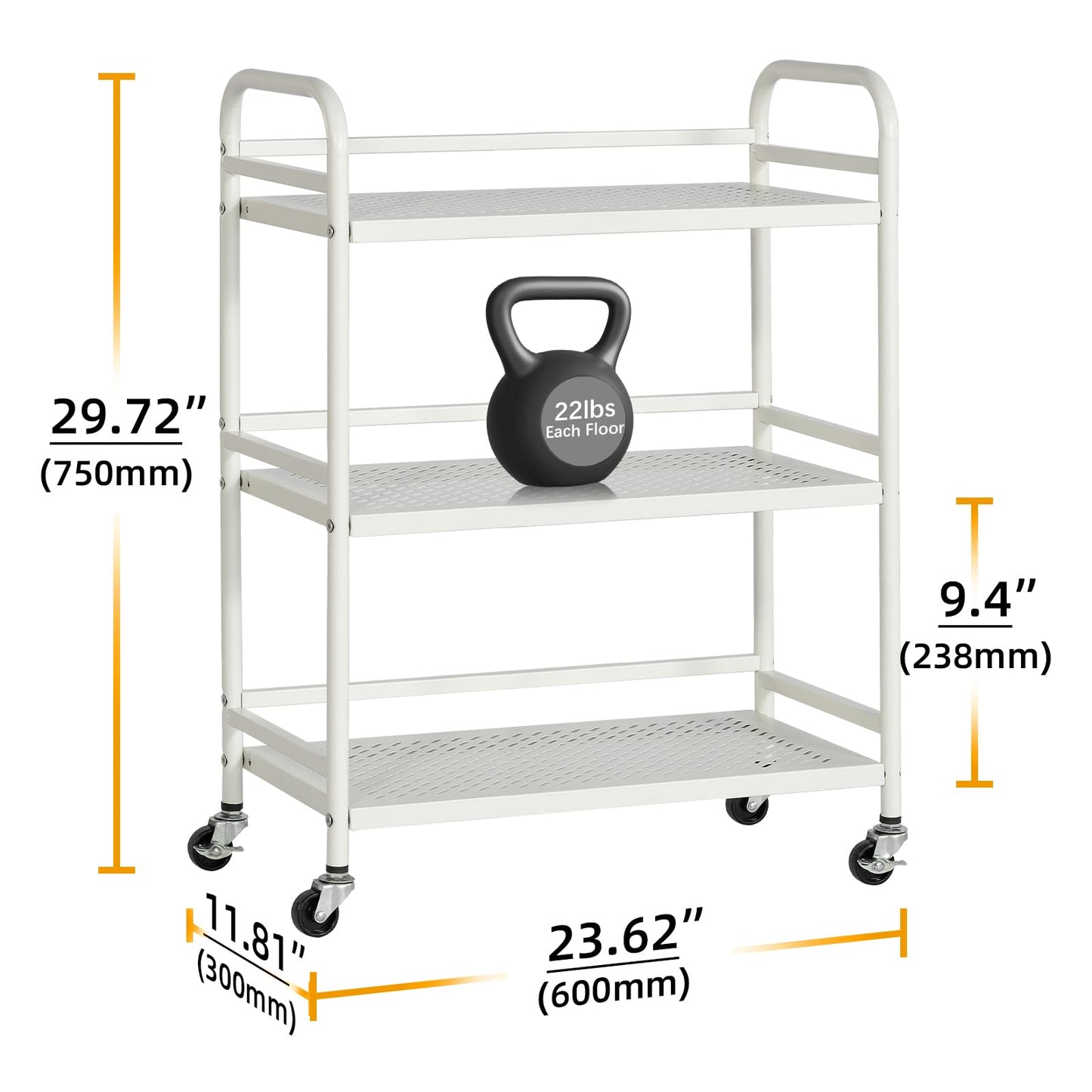 HDANI 3 Tier Metal Rolling Heavy Cart Supports 40 Lbs Per Tier,Mesh Rolling Cart with 2 Lockable Wheels for Office,Home,Bedroom,Kitchen,Bathroom(White)