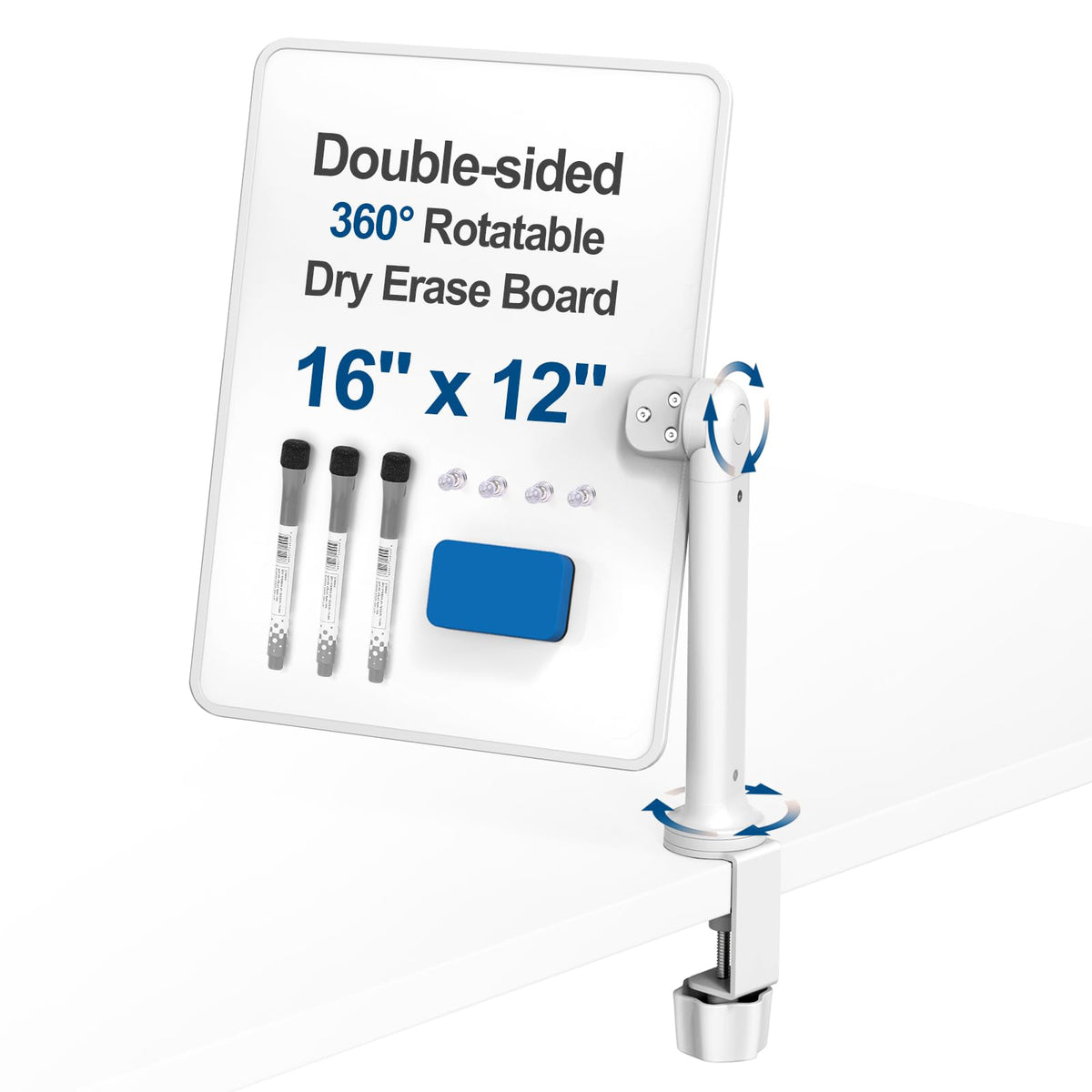 Double-Sided Clamp-On Desk Whiteboard, 360° Swivel Desktop Dry Erase Board for Office & Home Study, Fits Desks Under 2.3" Thick, Space Saving Memo Board (16" x 12") with Markers(1pc)