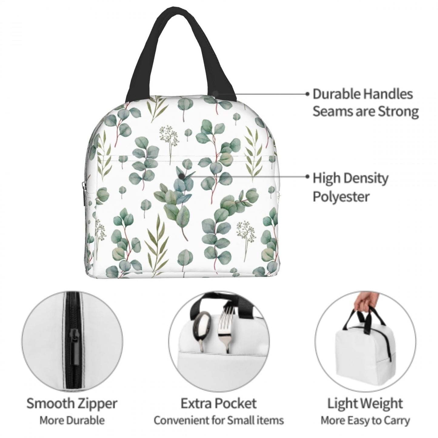 Giwawa Eucalyptus Leaves Lunch Bag Green Leaf Insulated Durable Handbag Portable Cooler Organizer Lunch Box for Work Office Travel Picnic