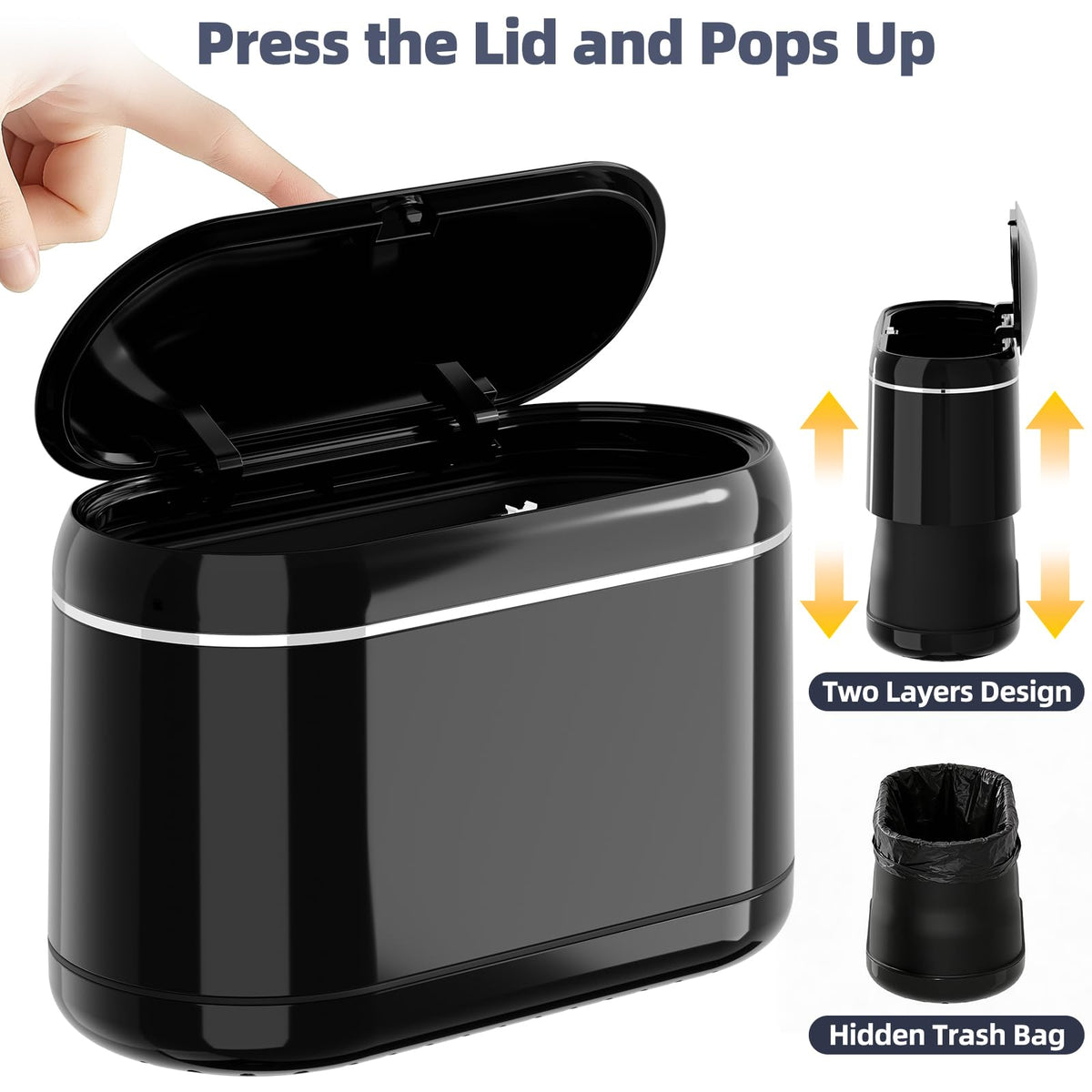 PAVSTINE Mini Trash Can for Desk with 5 Rolls of Trash Bags, Small Press-Top Countertop Garbage Bin, Removable Waste Basket for Bedroom, Vanity, Coffee Table, Kitchen (Black Full-Lid)