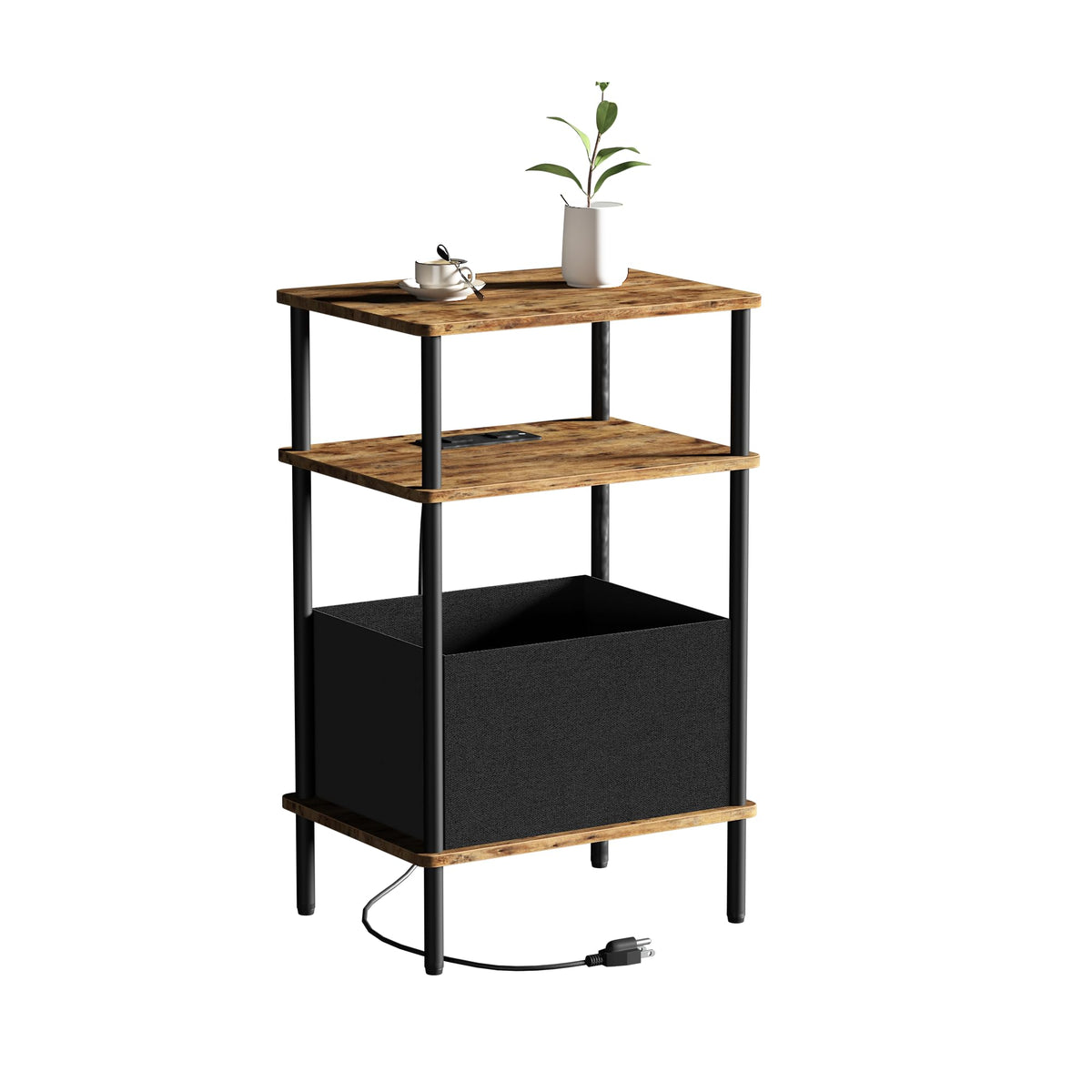 Newmics Small Side Table with Charging Station, End Table for Small Spaces, Slim Nightstand with Outlet,Sofa Beside Table, 3-Tier Storage Shelf,Living Room, Bed Room, Rustic Brown