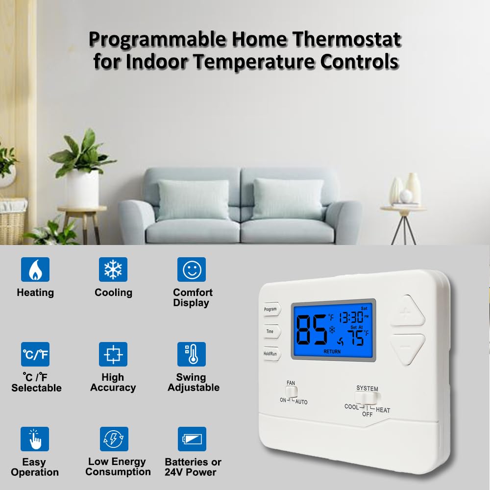 Programmable Thermostat for Home,Conventional Single-Stage Systems,5-1-1 Day Programmable Digital Energy-Saving Thermostat,up to 1 Heat/1 Cool Compatible with Gas System,Blue Backlight