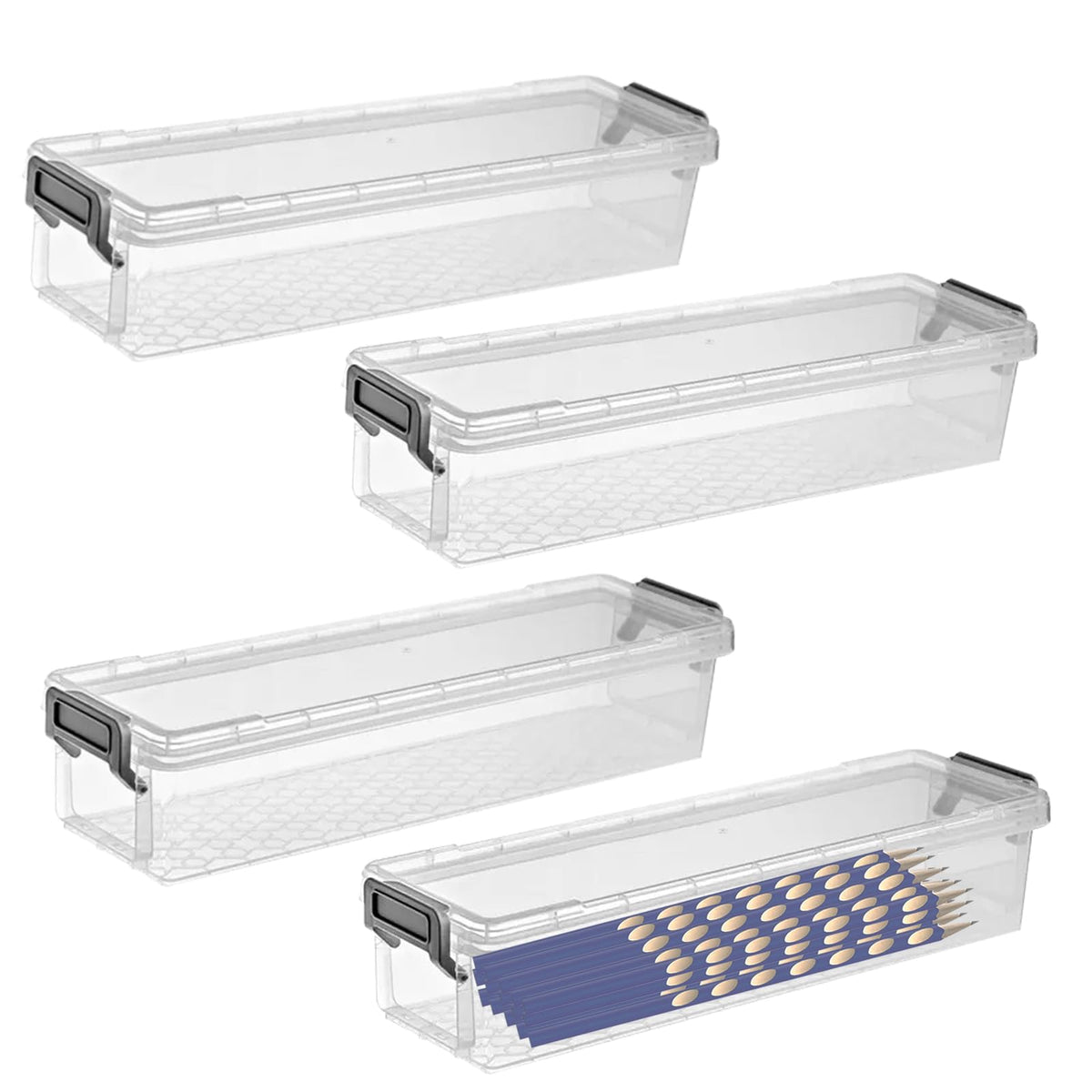 Chistepper 4 Packs Extra Long Pencil Box Large Capacity Pencil Case Clear Plastic Storage Container Long Paint Brush Storage Box Plastic Pencil Holder with Latching Lids (Transparent + Grey)