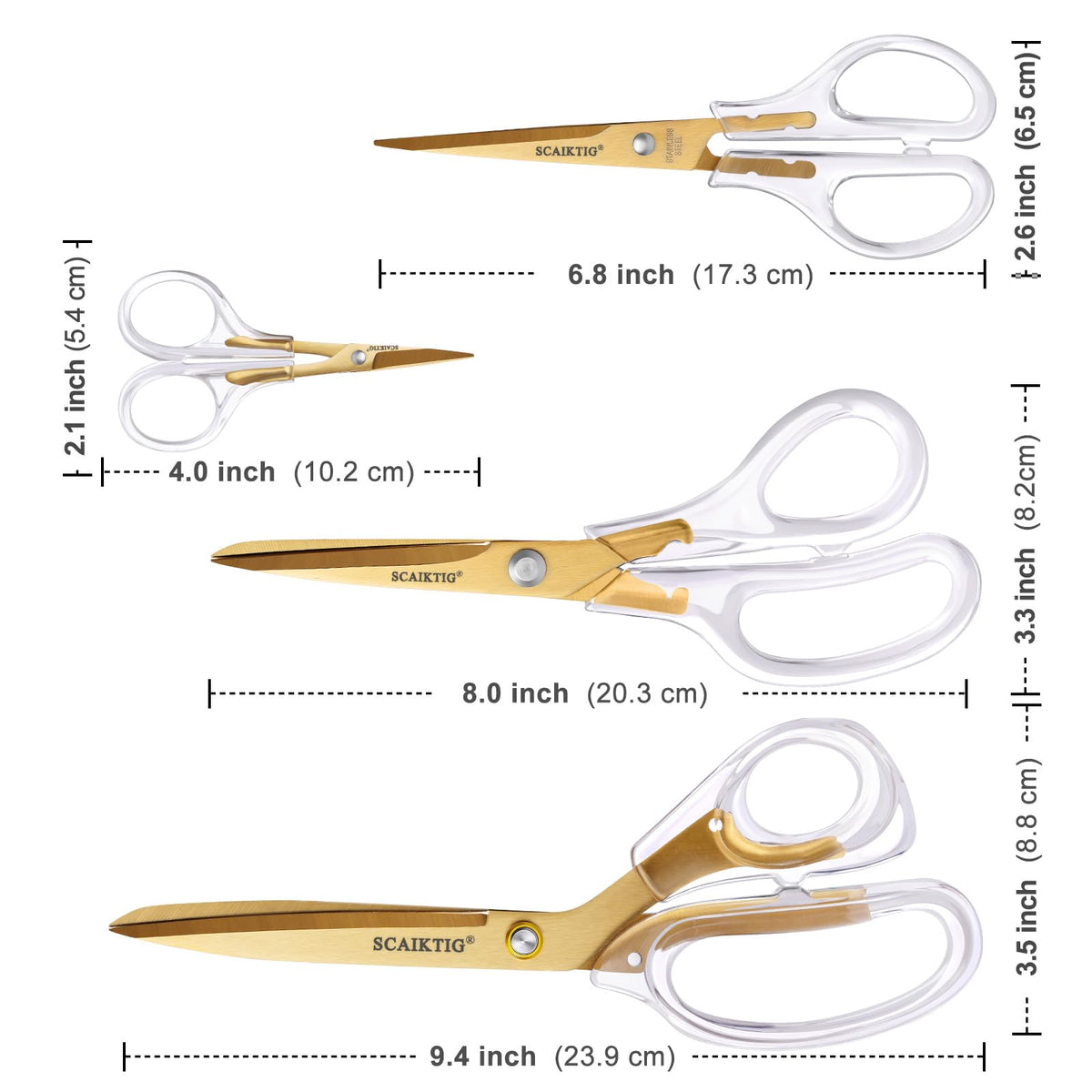 SCAIKTIG Acrylic Scissors Set, Office Scissors for Desk Gold, Clear Comfort-Grip Handles and Titanium Coated Blades, Sharp Scissors all Purpose Heavy Duty for Sewing, Art, Craft, School, Home Supplies