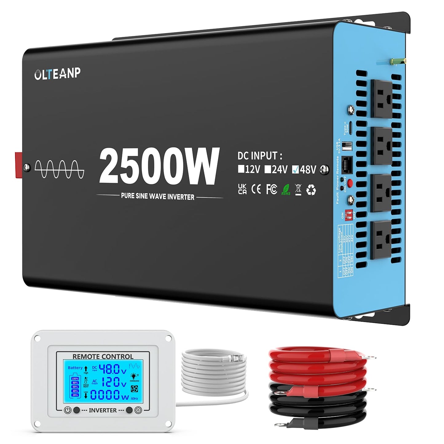 48V 2500W Pure Sine Wave Inverter 48V DC to 110V AC, 5000W Peak Power, 4 AC Outlets, USB & Type-C Port, Adjustable Input for Lithium Battery, Solar/Off-Grid Backup with LCD Remote