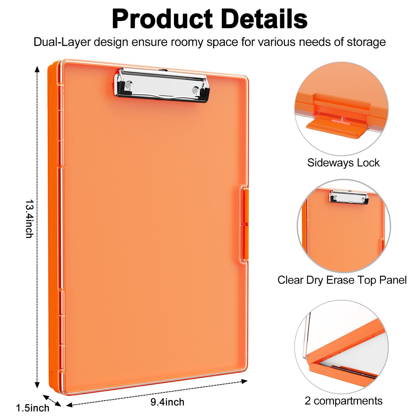 Piasoenc Clipboard with Storage, 8.5 x 11 Clip Boards with 2 Storage Case and A4 Paper Folder, Clear Dry Erase Top Panel, Heavy Duty Plastic, Folio & Side Opening, for Nurses, Teachers, Lawers,Orange