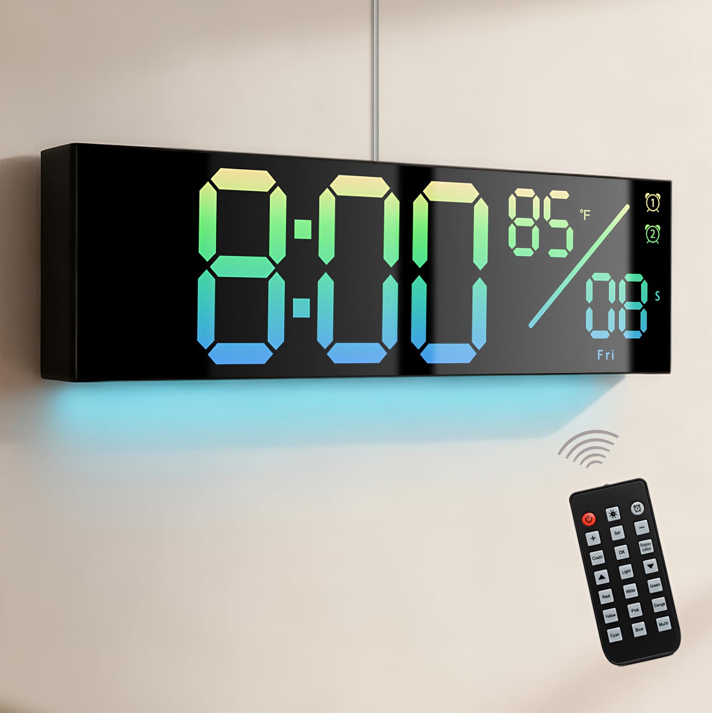 11-Inch LED Digital Wall Clock with RGB Flowing Light, Seconds,Date,Time,Temperature｜Large Clear Display, Countdown Timer,Dual Alarms,Remote Control｜Silent Modern Clock for Bedroom, Living Room,Office