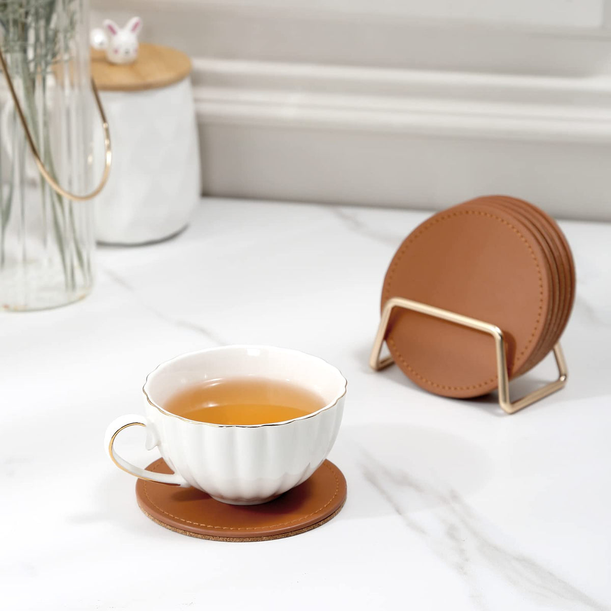 CASEGRACE Drink Coasters with Metal Holder Stand Set of 6, PU Leather Absorbent Coasters with Cork Base Table Coaster Set Decorative Coffee Cup Coasters Housewarming Gift for Home Decor