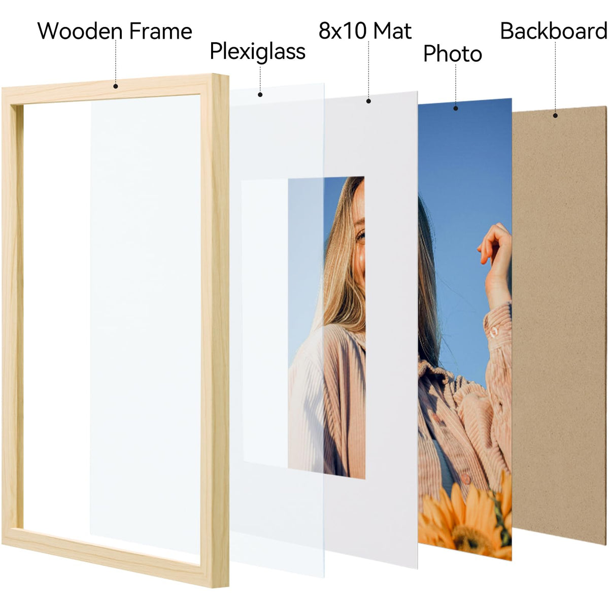 Vittanly 11x14 Picture Frame Set of 4, Display Pictures 8x10 with Mat or 11x14 without Mat, Engineered Wood with Shatter Resistant Plexiglass, Photo Frames for Wall or Tabletop Display, Natural Wood