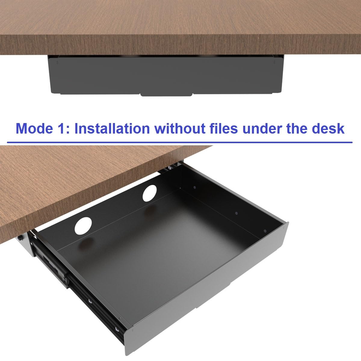Mofangtech Under Desk Mounted Slide out Drawer, W 13.4" x D 9.3" Storage Organizer with Cable Management，Pull Out Add-On Storage for Office & Standing Desks with High Crossbar, Metal, Black (Medium)