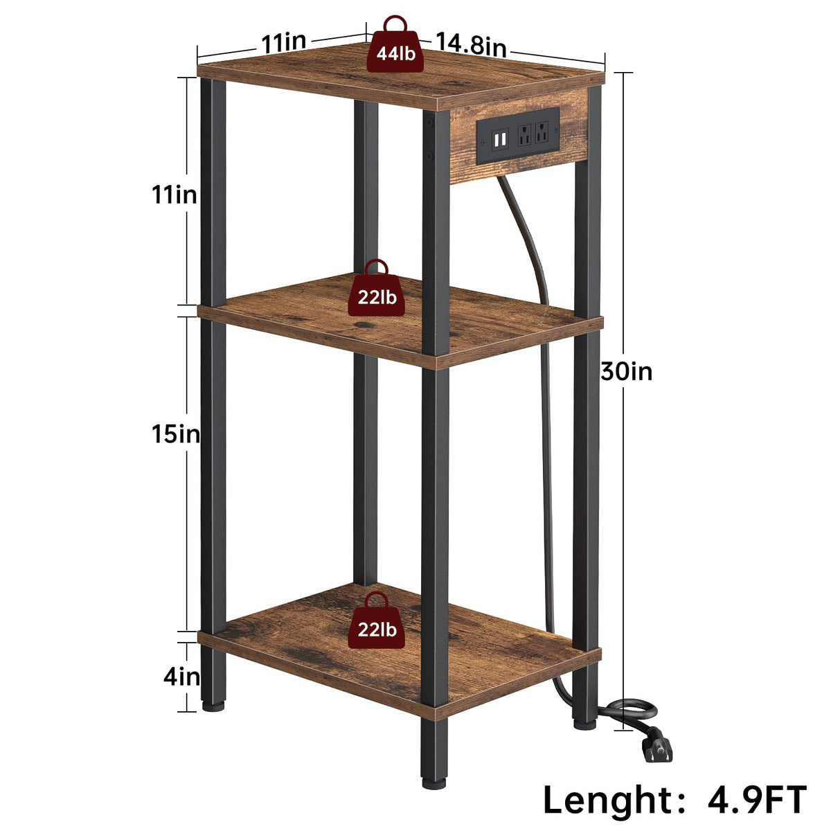 Creso hom Side Table with Charging Station, Tall End Tables Living Room, 30 Inch Skinny Night Stand with Storage, Small Bedside Tables for Bedroom, Office, Dorm, Hallway, Rustic Brown
