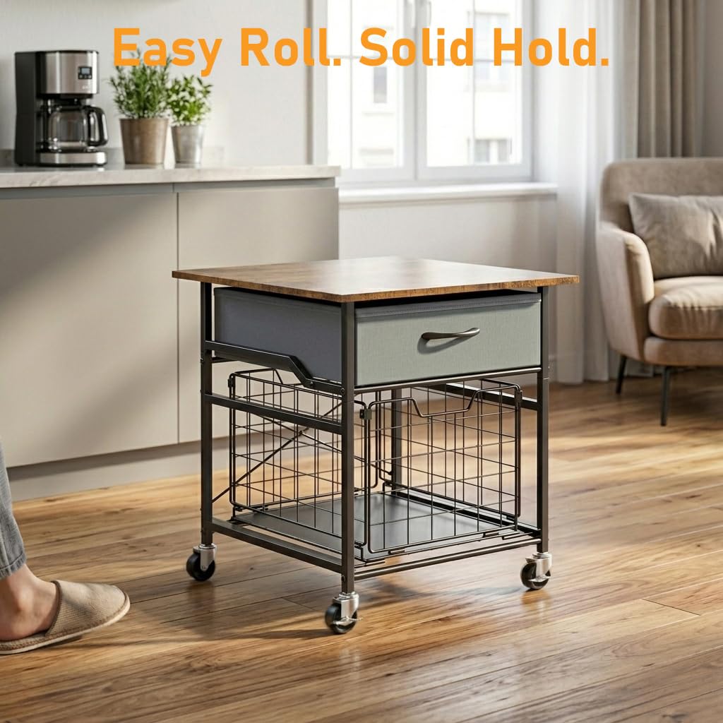 GloCryp Mini Fridge Stand, Heavy-Duty End Table Fridge Table with Storage, Small Refrigerator Stand with Rolling Wheels for Dorm, Kitchen,Pantry