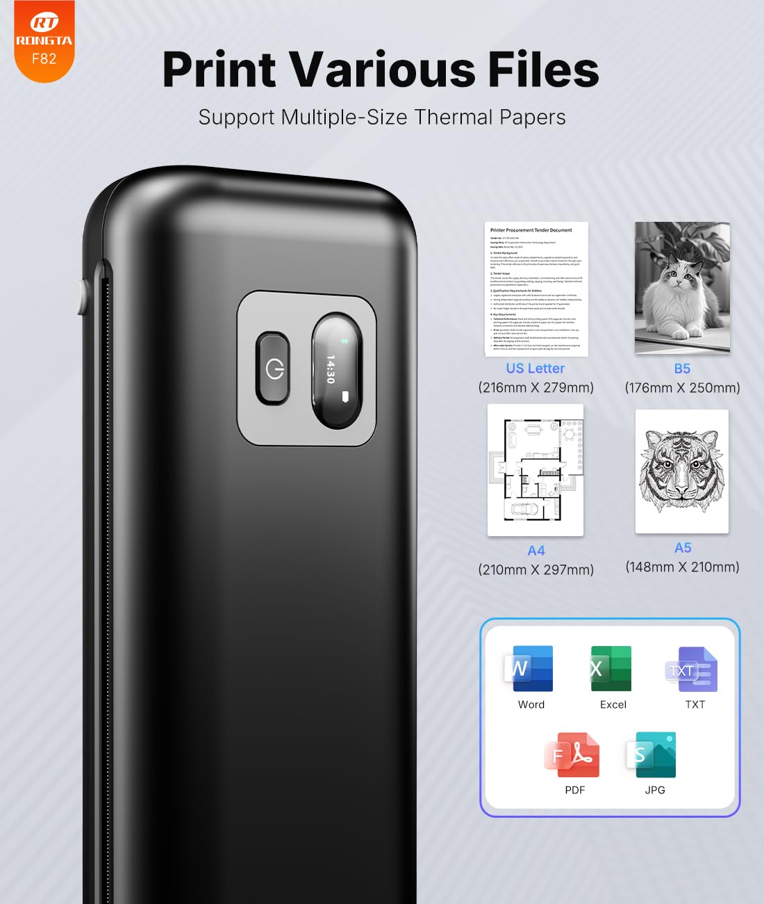 Rongta Portable Printer Wireless for Travel, Thermal Inkless Printers for 8.5"*11" US Letter, Compatible with Android iOS Smartphone, Mac Windows Laptop (Black, 1 Printer + 1 Roll Thermal Paper)