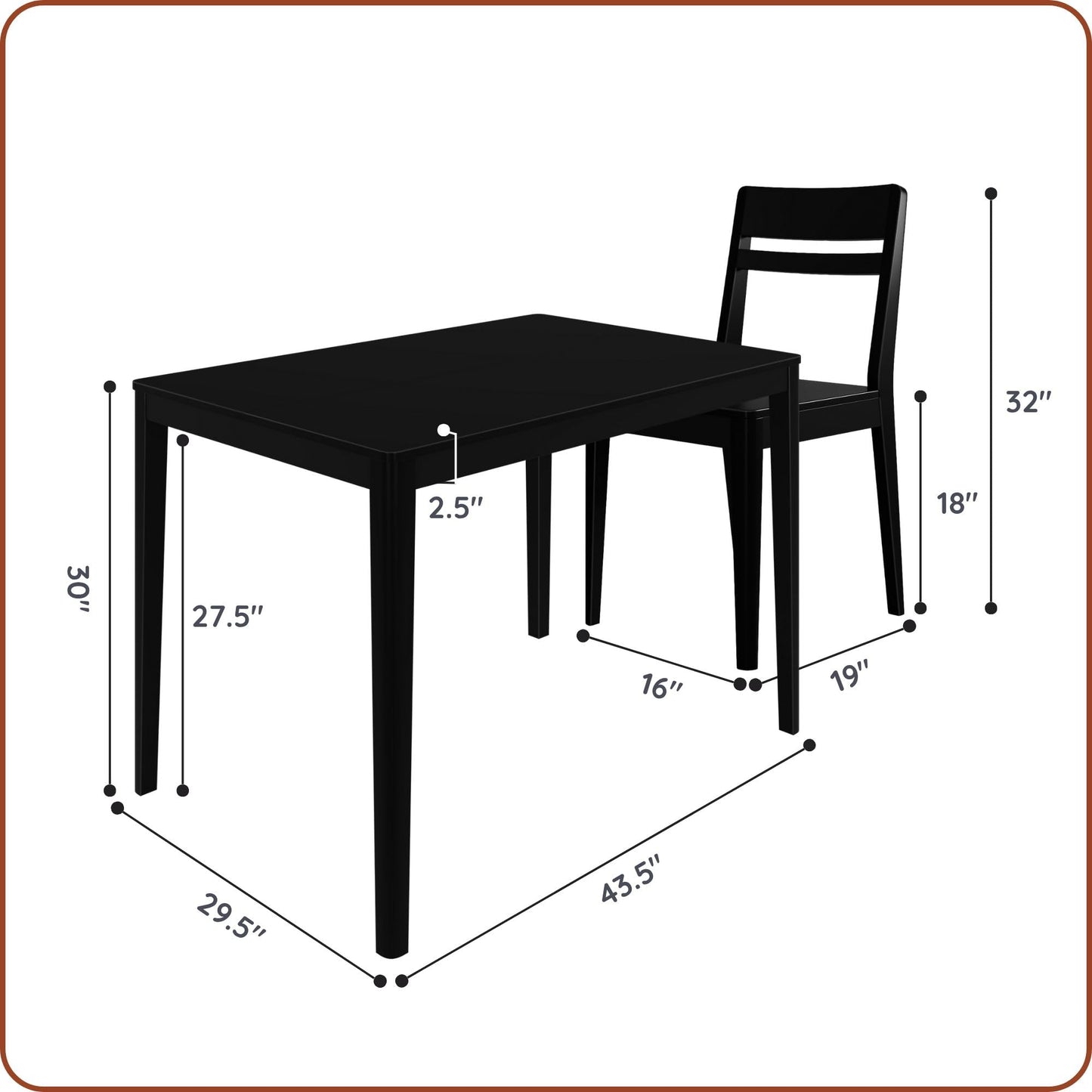 Grain & Grove Crew 5-Piece Dining Set – Solid Wood 43” Rectangular Table and 4 Chairs, Seats 4, Small Kitchen or Dining Room Set, Easy Assembly, Black
