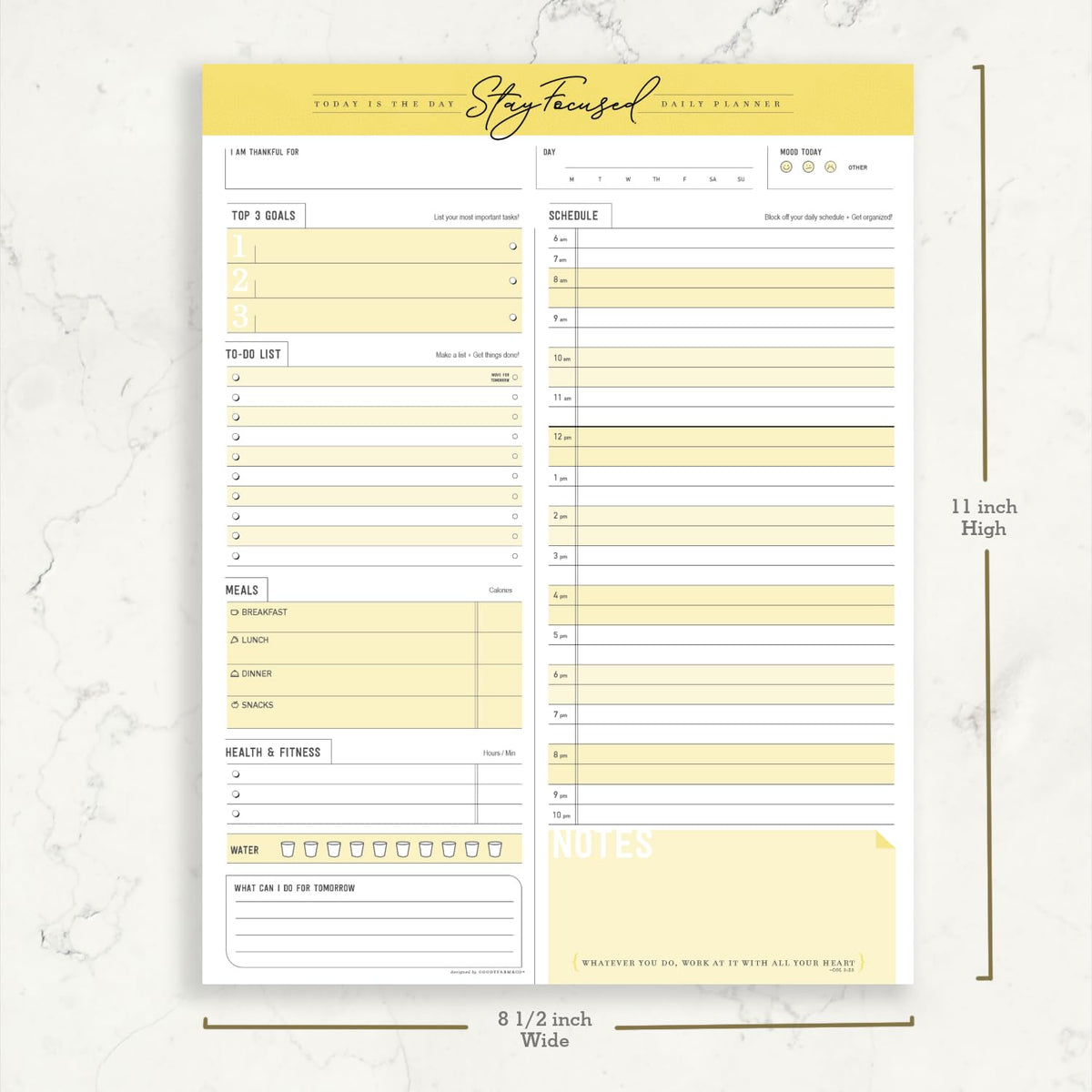 Daily Notepad Planner To Do Schedule - Stay Focused 50 Tear off Premium Made USA (Yellow Mango)