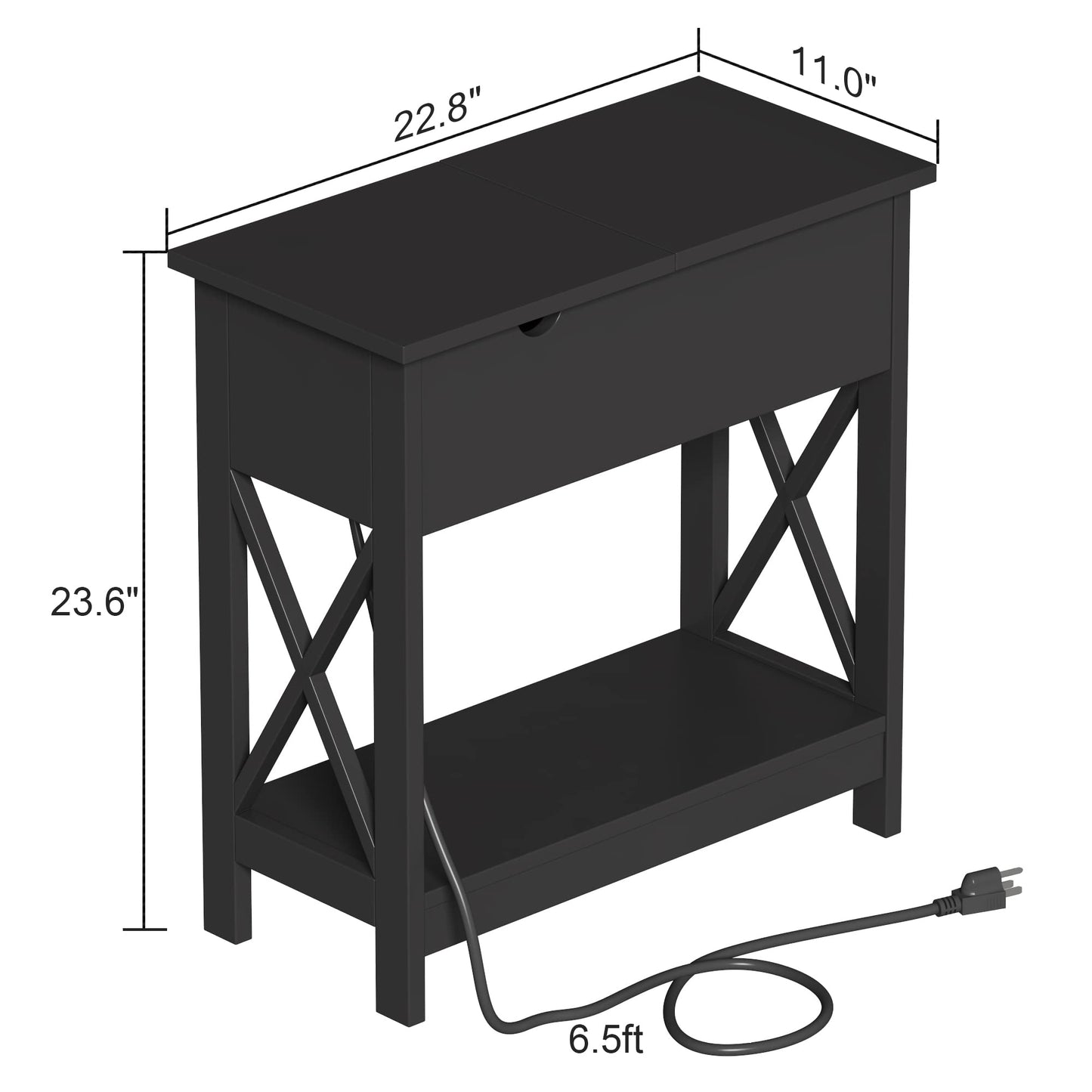 ChooChoo End Table with Charging Station, Narrow Flip Top Side Table with USB Ports & Power Outlets for Small Spaces, Nightstand Sofa Table for Living Room, Bedroom, Black, 2 Pack
