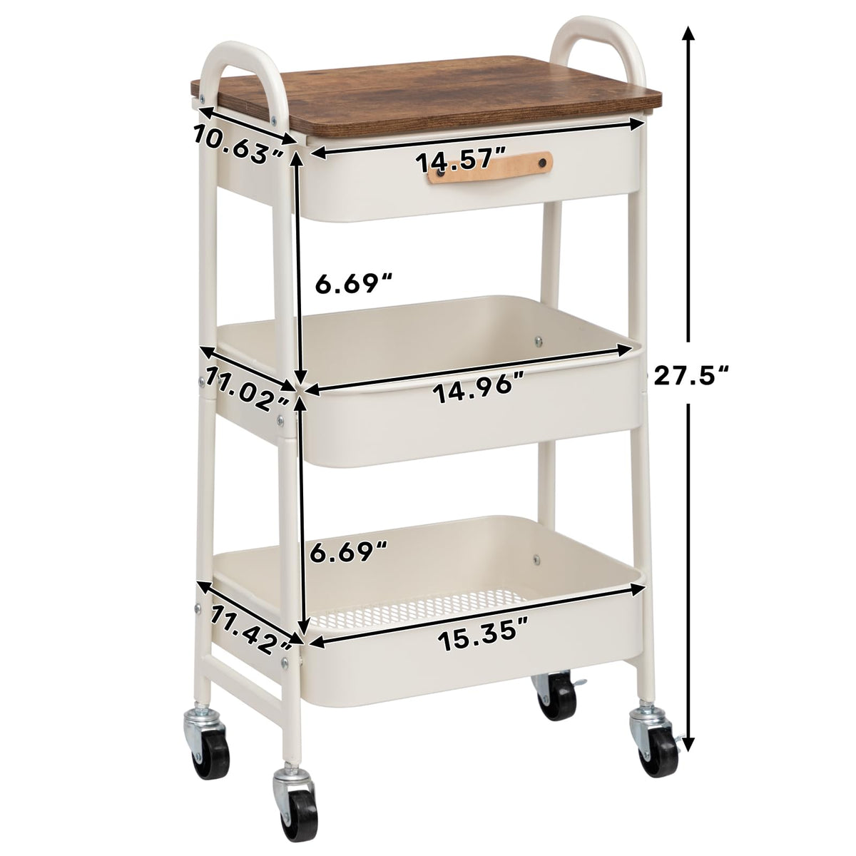 AGTEK 3 Tier Rolling Utility Cart Organizer with Drawer, Metal Craft Cart with Wheels for Bathroom, Kitchen, Office, Nursery Diaper, White