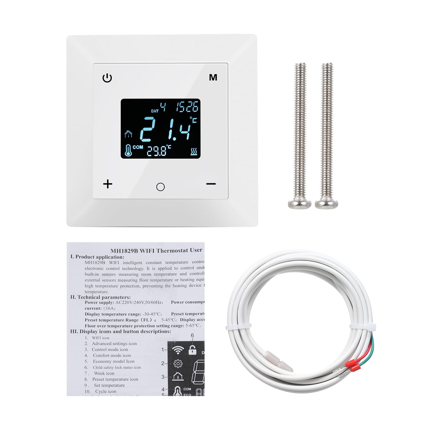Touchscreen Programmable Thermostat for Electric Floor Heating System, 7-day Timing Settings Backlight LCD Display Safety Lock Automatic Calibration Low Temperature Protection NTC Floor & Air Sensing