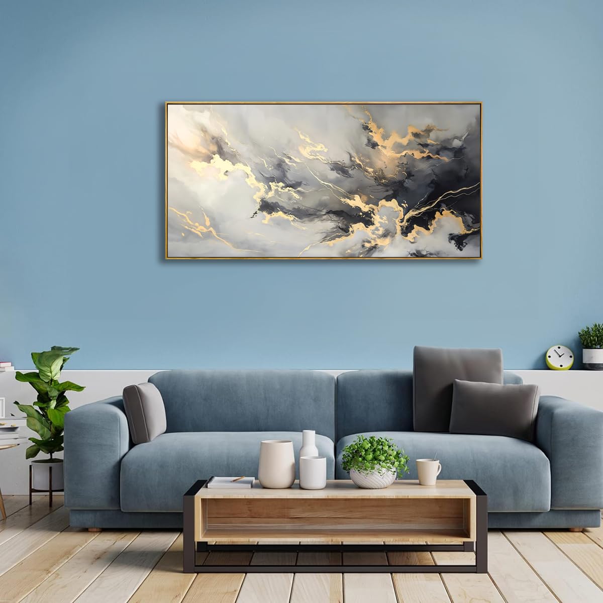 youkuart Wall Art Abstract Artwork Fluid Lines Marble Art Black and Gold Canvas Prints for Living Room Bedroom Dining Room Home Office Decor Large Framed Ready to Hang 20"x40"