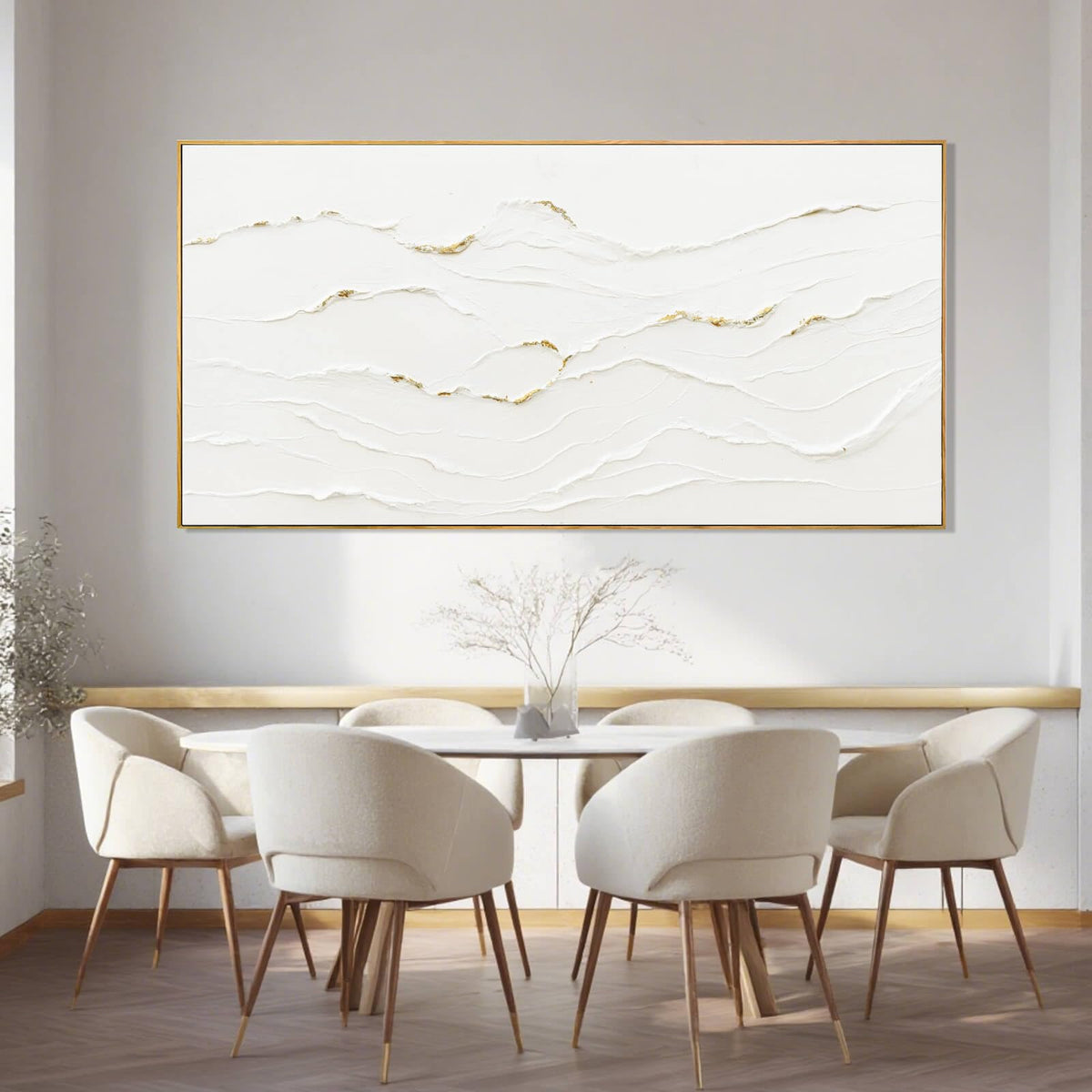 WINKAILIN Large Wavy Line White Abstract Wall Art with Frame Minimalist Modern Hand drawn Painting Textured Poster for Living Room Dining Room Bedroom Decor 29"x58"