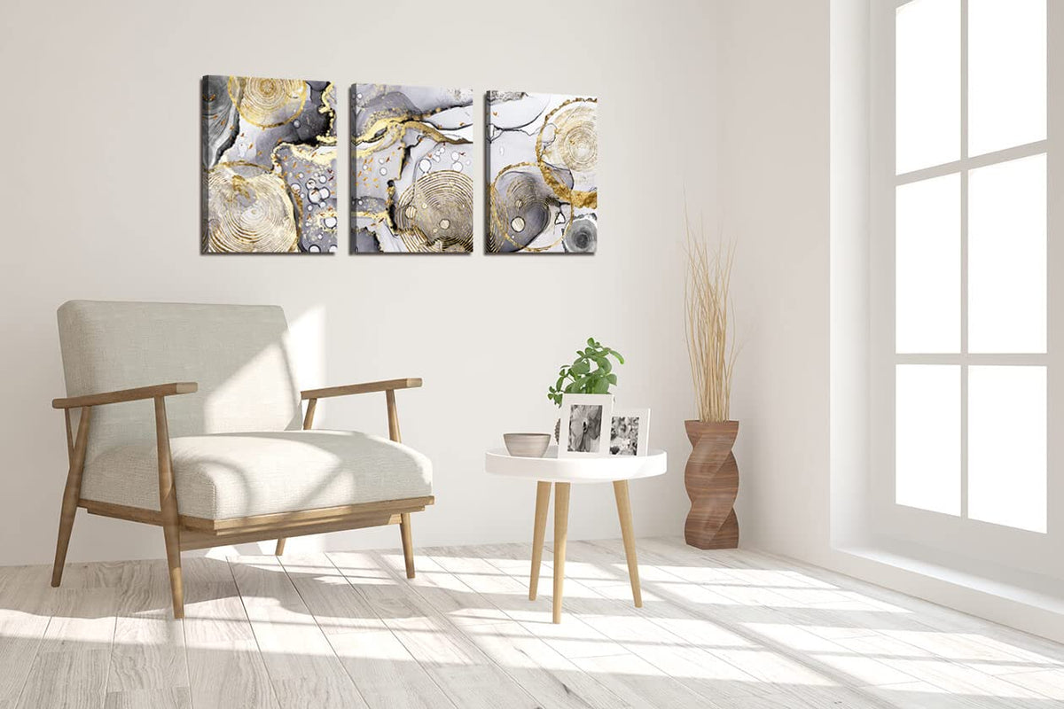 Gold Abstract Wall Art 3 Pieces Modern Framed Artwork Black and White Grey Gold Fluid Ink Annual Rings Pictures Canvas Prints Painting for Living Room Bedroom Kitchen and Office Wall Decor 12x16inx3