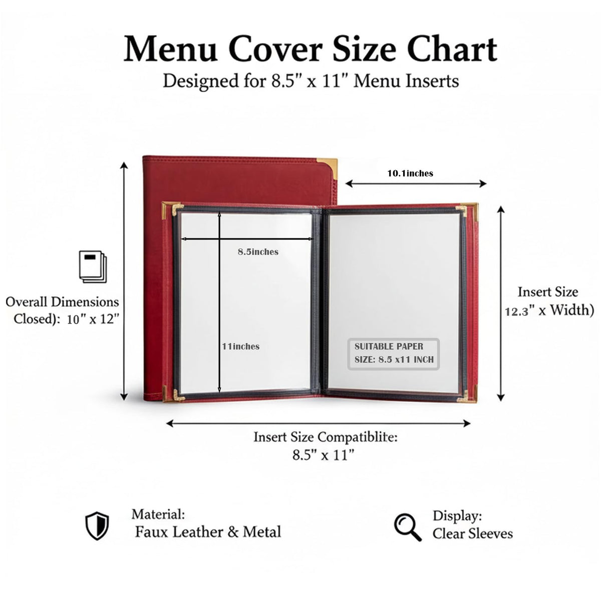 Restaurant Menu Covers 8.5×11 – 8 Page 16 View Menu Sleeve, Premium Burgundy Red Faux Leather, Waterproof Durable Menu Holder for Bar Cafe Hotel, 2 Pack