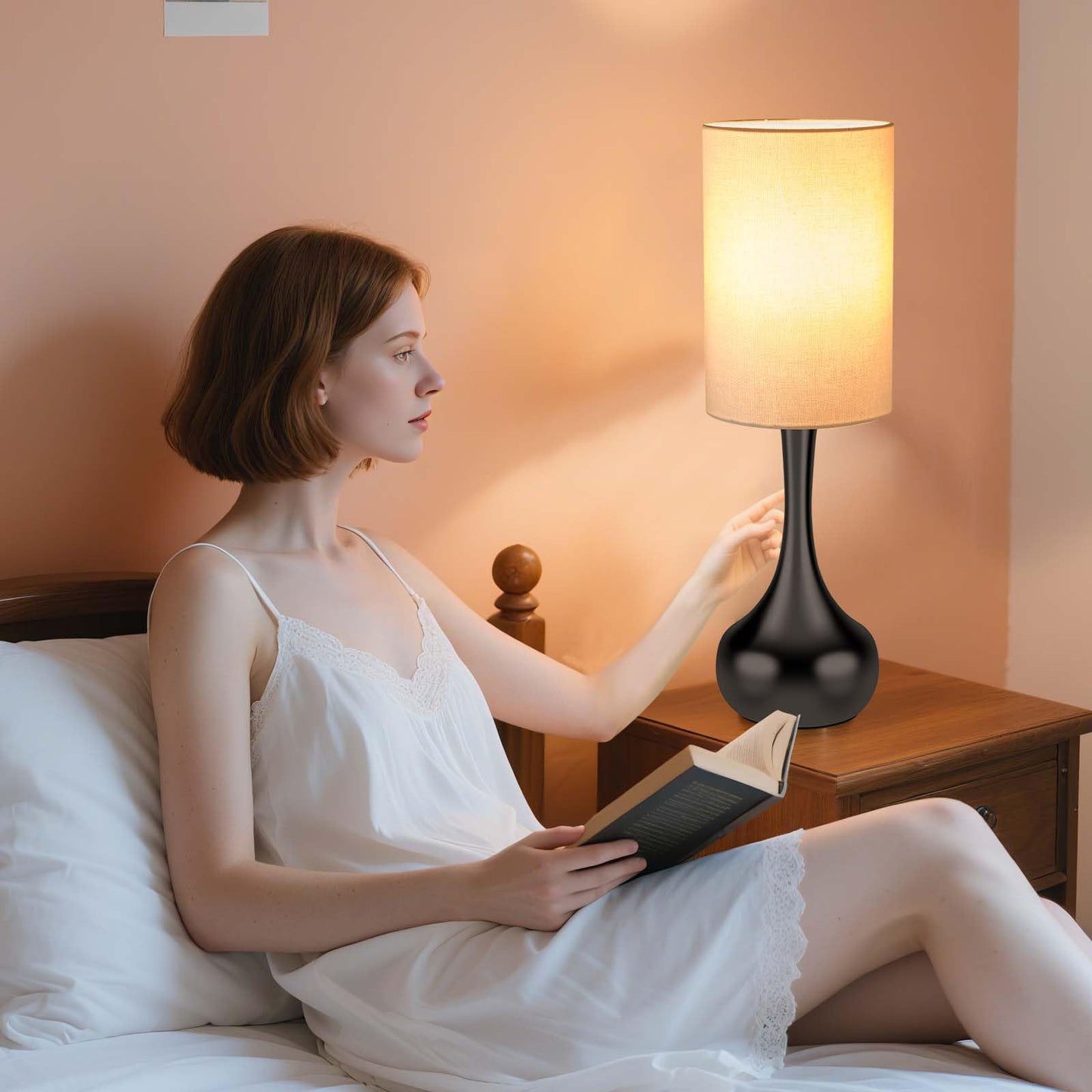 LEDIKON Mid Century Modern Droplet Table Lamp,Touch Control & 3-Way Dimmable,No Assembly Required Cylinder Shade,Black Vintage Farmhouse Bedside Lamp for Bedroom,Nightstand,Living Room,Office