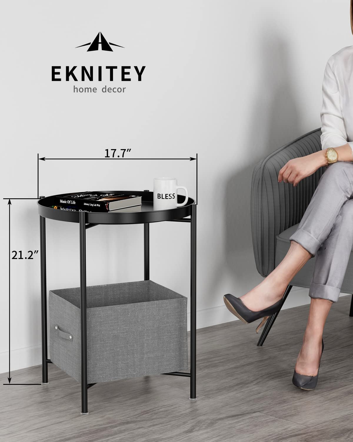 EKNITEY Small Side End Table - Metal Side Table Waterproof Small Sofa Coffee Side Tables Bedroom Indoor Outdoor with Removable Tray for Living Room Bedroom Balcony and Office