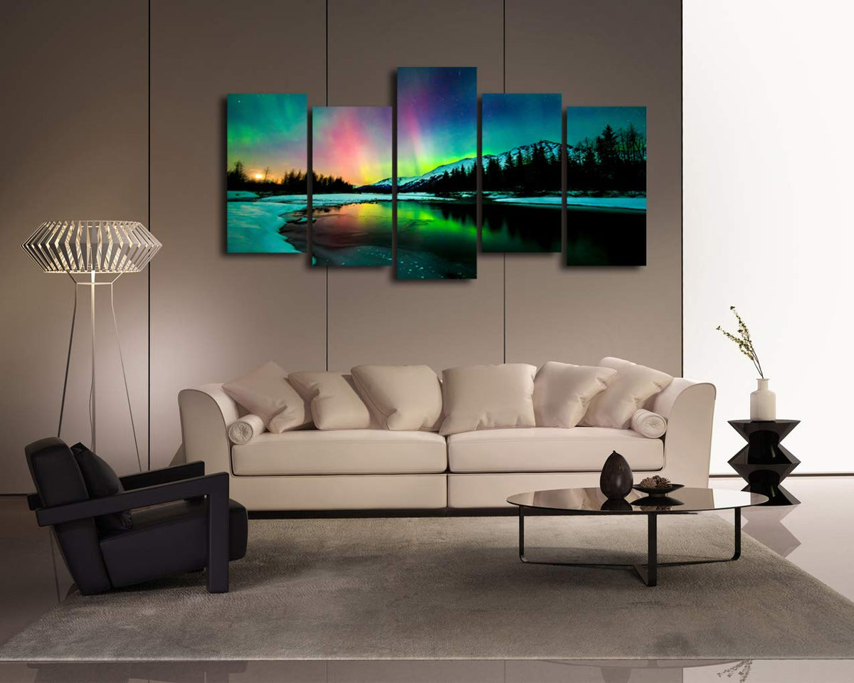 S01927 5 Pieces Wall Art Aurora scenery Painting on Canvas Stretched and Framed Canvas Paintings Ready to Hang for Home Decorations Wall Decor