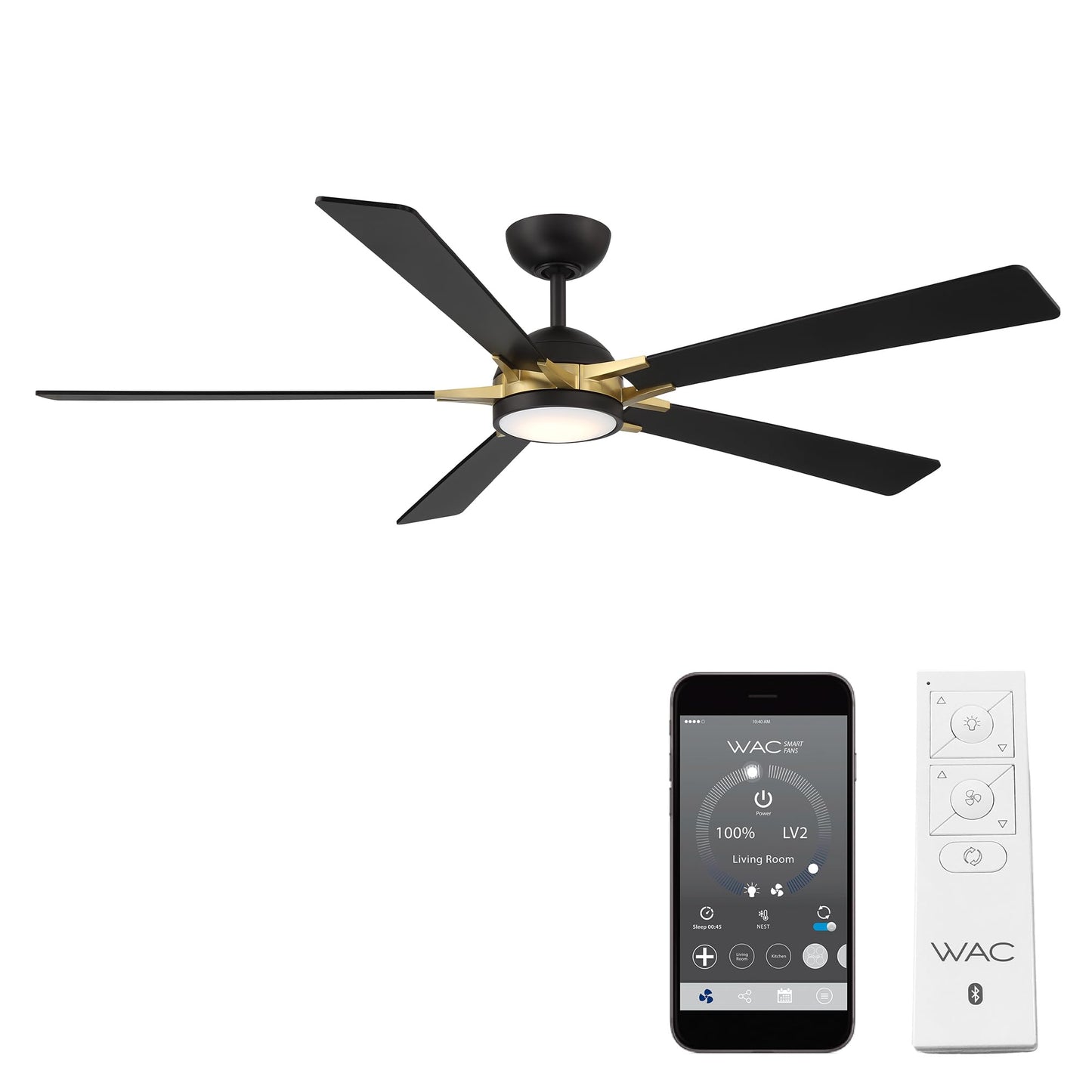 Rotary Indoor and Outdoor 5-Blade 65in Smart Home Ceiling Fan in Matte Black Soft Brass with 2700-3000-4000-5000K Selectable LED Light Kit and Remote Control works with iOS or Android WAC App