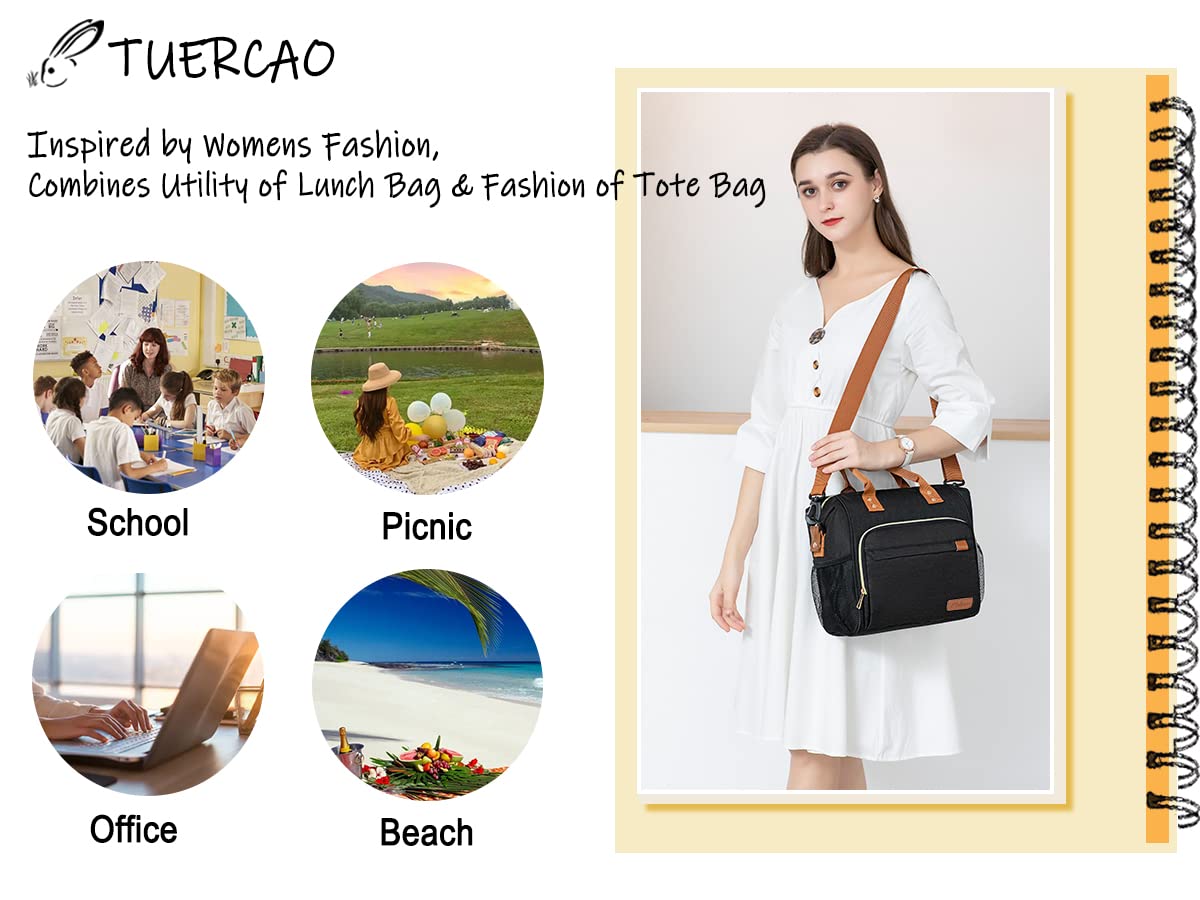 Black Lunch Box for Women Insulated Lunch Bag for Work - Adult Stylish Lunch Tote Bag for Shopping Soft Cooler for Beach Picnic Travel