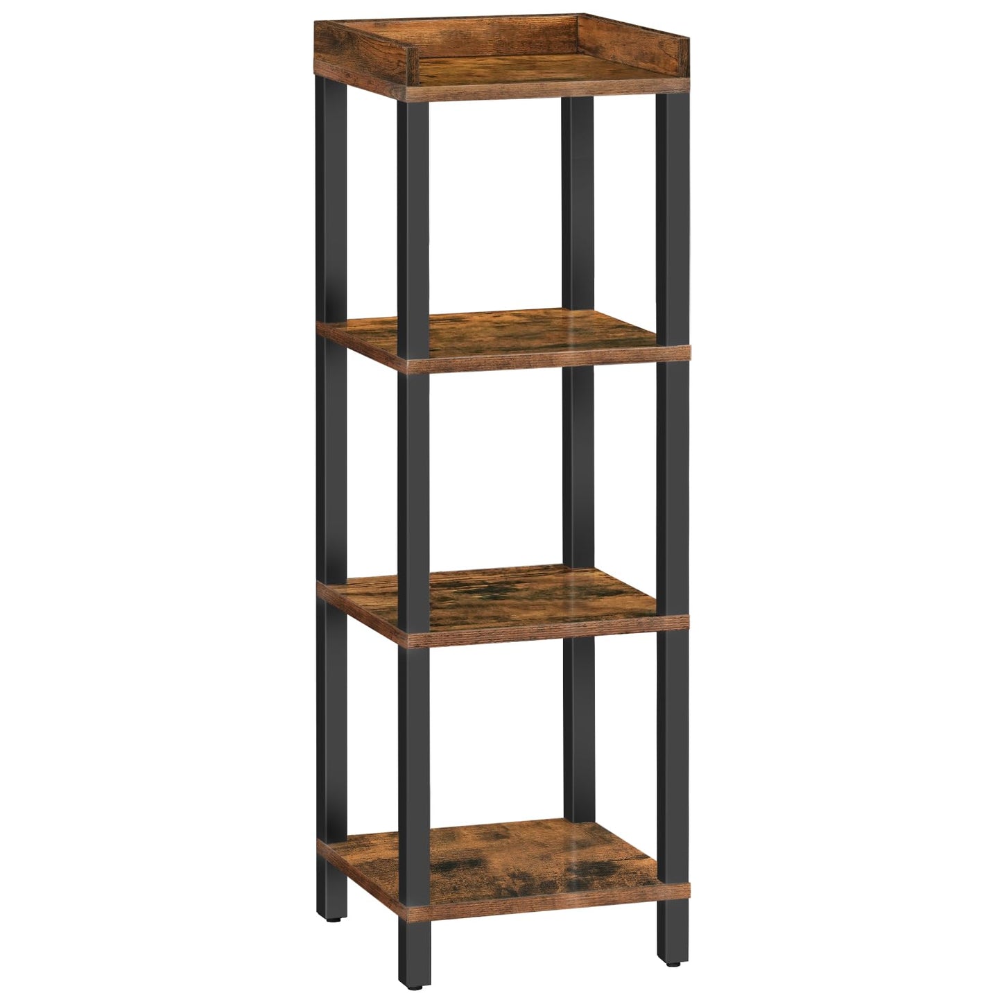 HOOBRO Small Bookcase, Industrial Style Bookshelf for Narrow Spaces, 4-Tier Square Book Shelf Stand, Wooden Storage Rack Display Shelf, Corner Shelf for Living Room, Rustic Brown and Black BF08CJ01