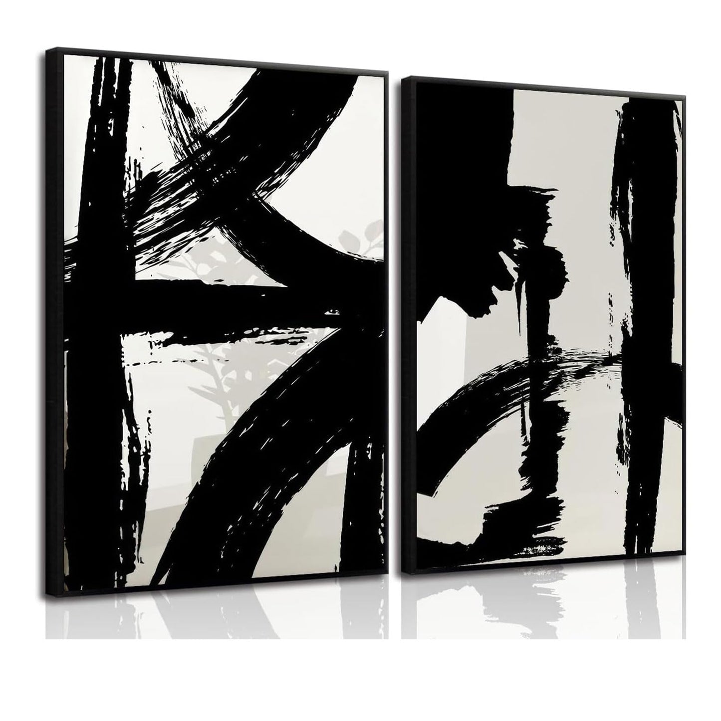 Set of 2 Framed Black and White Brush Stroke Canvas Wall Art Modern Abstract Minimalist Ink Line Painting Retro Mid-Century Geometric Poster Prints for Office Home Decor (12inx16in Framed)