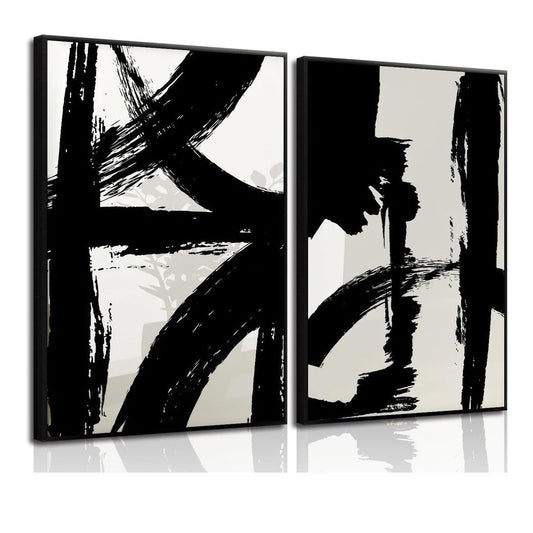 Set of 2 Framed Black and White Brush Stroke Canvas Wall Art Modern Abstract Minimalist Ink Line Painting Retro Mid-Century Geometric Poster Prints for Office Home Decor (12inx16in Framed)