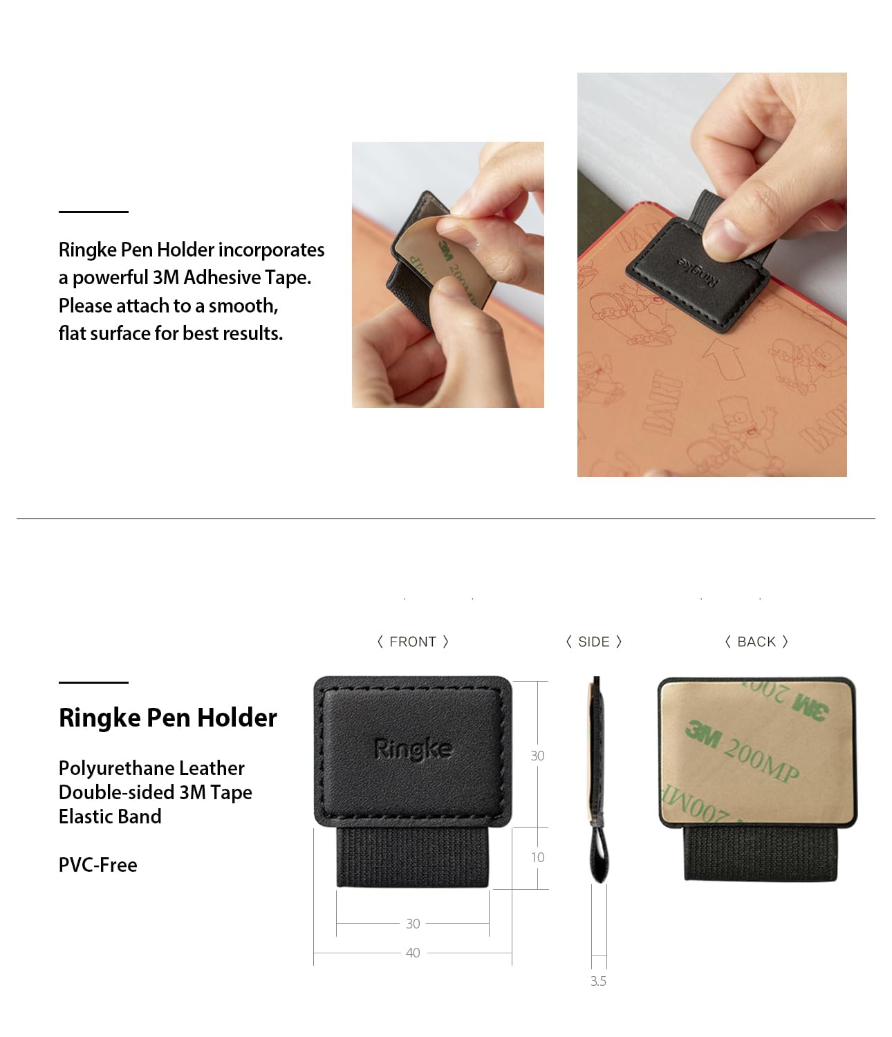 Ringke Pen Holder for Apple Pencil, Journal, Notebooks, and More - 3M Self Adhesive PU Leather Durable Pen Loop with Elastic (3 PACK) - Black