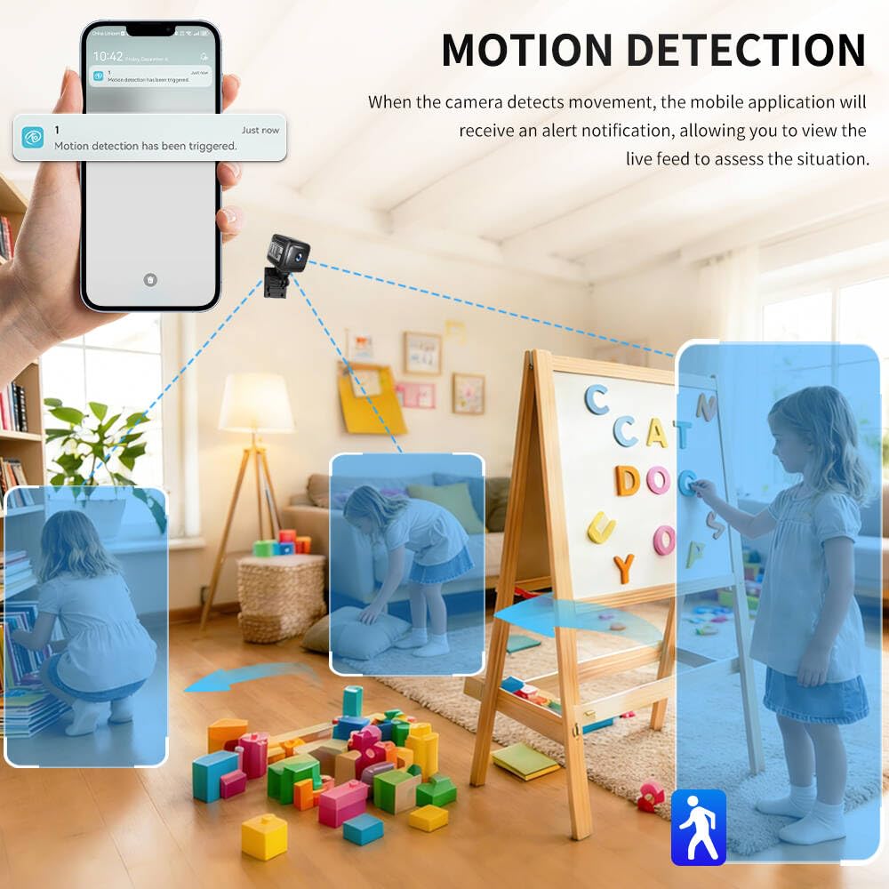 Mini Security Camera, 1080p HD Wireless Indoor Cam with 6-Hour Battery & No WiFi Needed for Recording, AI Motion Detection Night Vision for Home, Office Monitoring, Black (NOT a 4G LTE Camera)