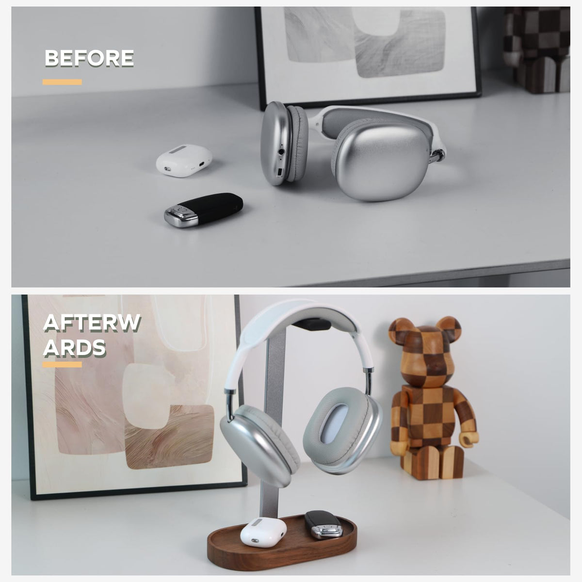 muso wood Headphone Stand & Desktop Headset Holder | Space-Saving Premium Solid Wood Storage Base for Gaming Headsets, AirPods Max, VR Gear – Modern Desktop/Workspace Essential
