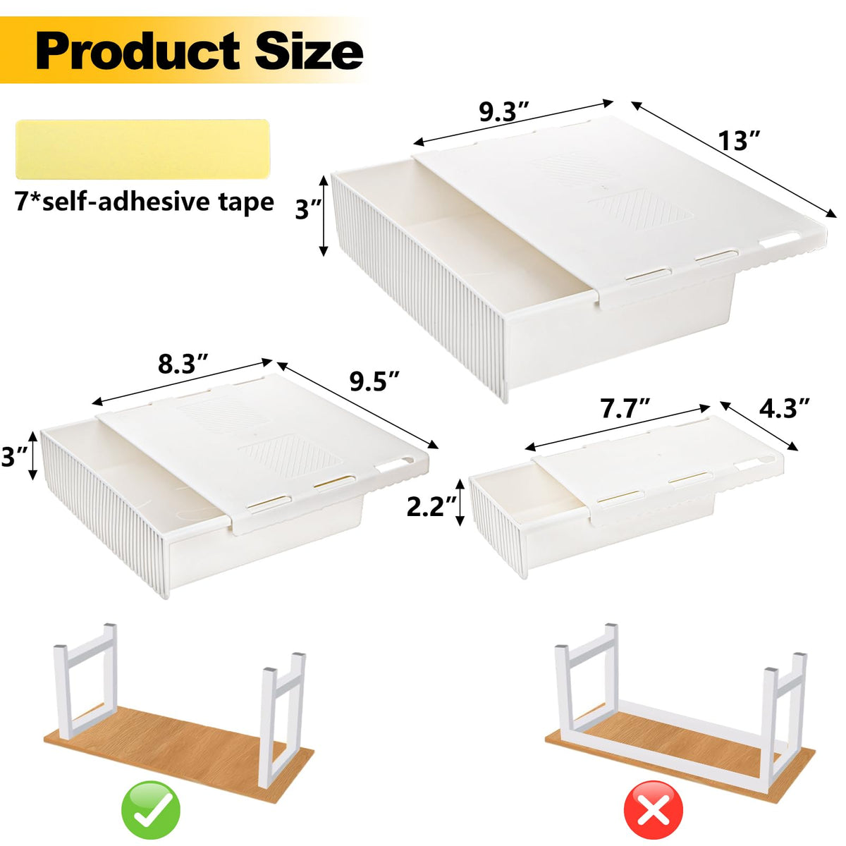YOUEON 3 Pack Under Desk Drawer Slide Out, Self-Adhesive Under Table Drawer, Hidden Attachable Under Desk Storage Drawers, Stick on Drawers for Office, Home, School, White