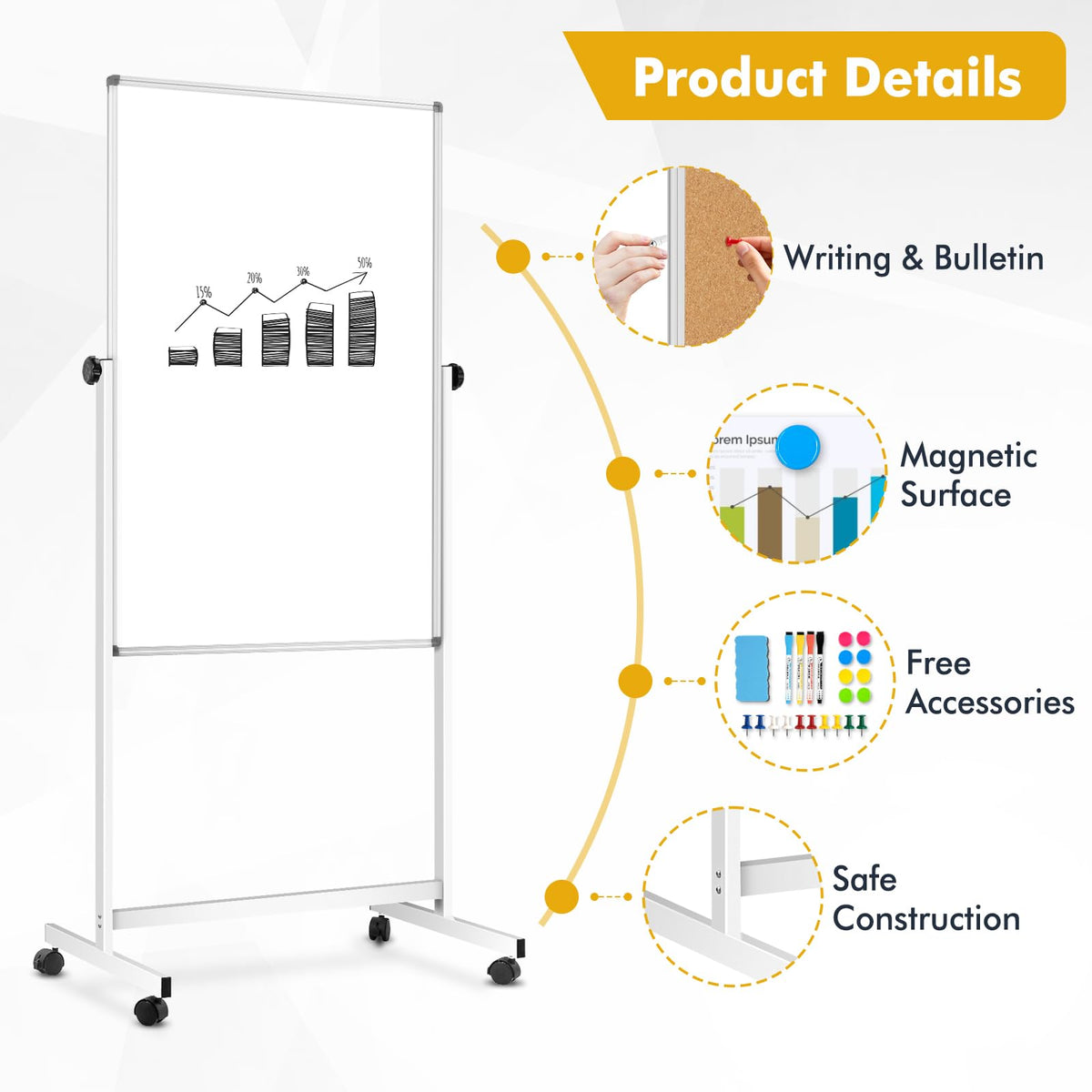 Rolling Whiteboard Corkboard Combo with Stand 24"x40", Double-Sided Mobile Dry Erase Bulletin Board on Wheels, Reversible Height Adjustable Standing Board for Home & Office
