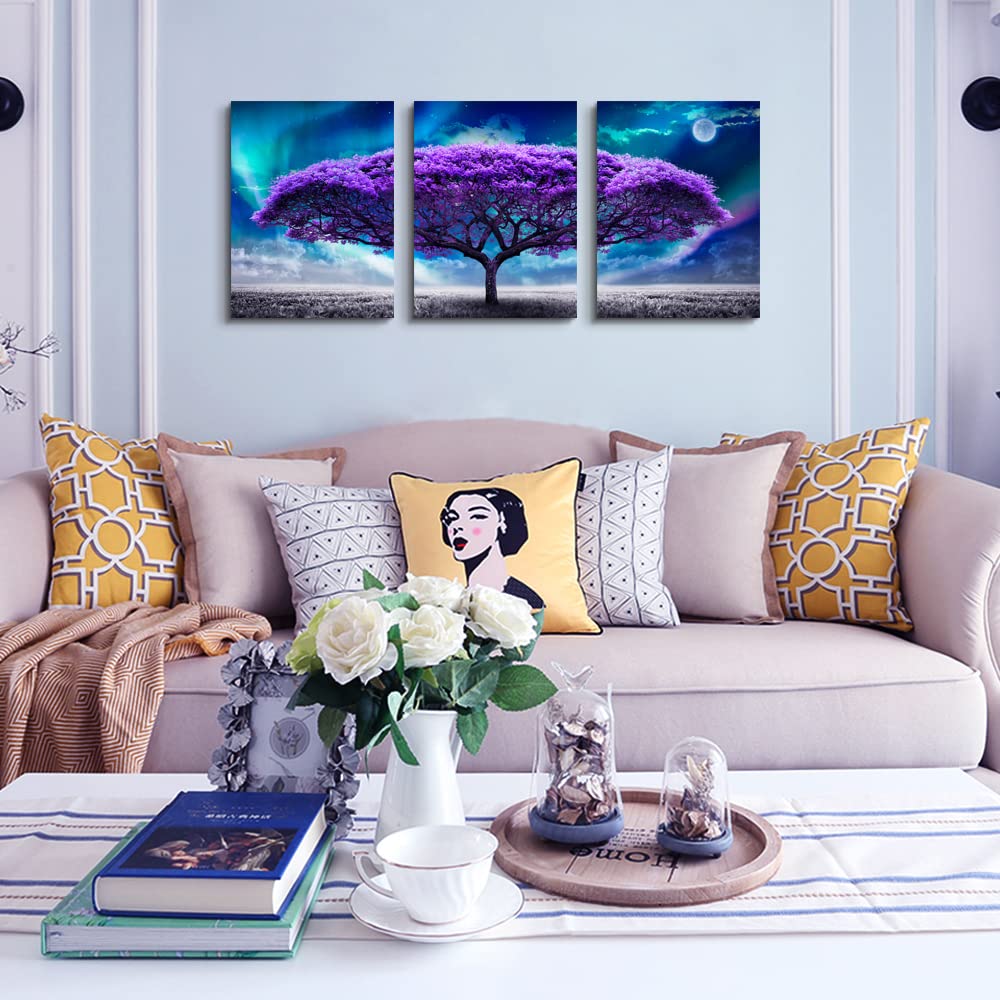 Lapremoly Canvas Wall Art For Living Room Boho Decor Bedroom Farmhouse Pictures Aurora Purple Tree Scenery Paintings Office Prints Dormitory Home Decorations 12'' X 16'' 3 Piece